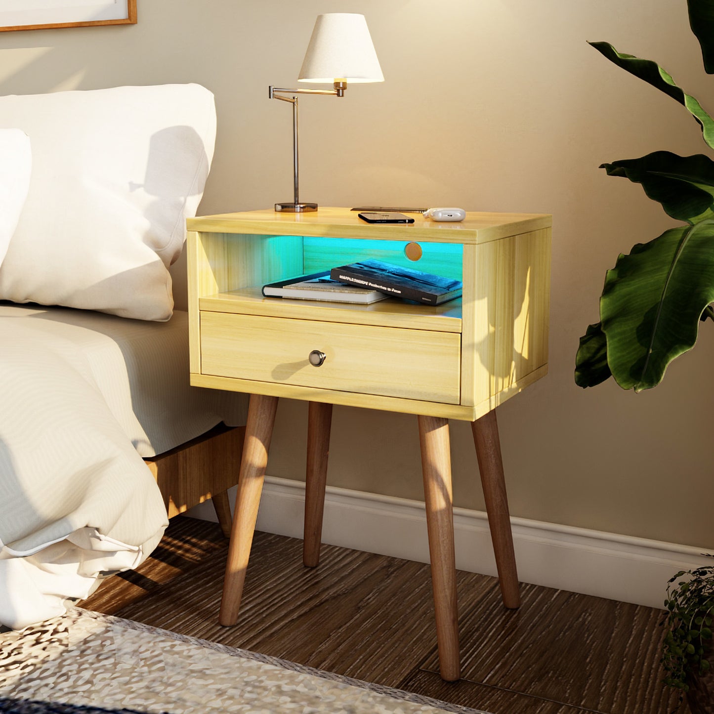 Nightstands with Charging Station, 2-Tier Storage & 20 Colors Remote LED Lights.