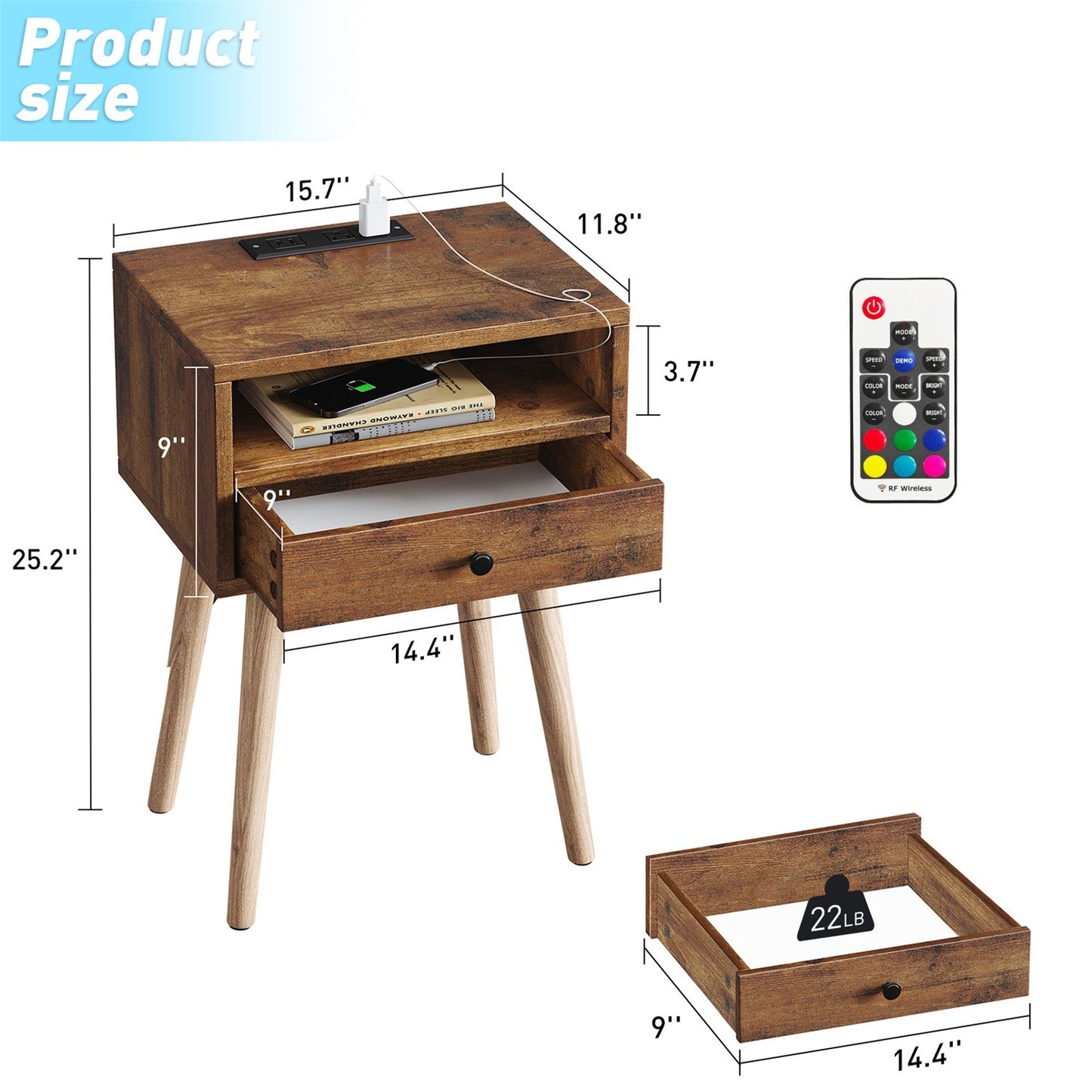 Nightstands with Charging Station, 2-Tier Storage & 20 Colors Remote LED Lights.