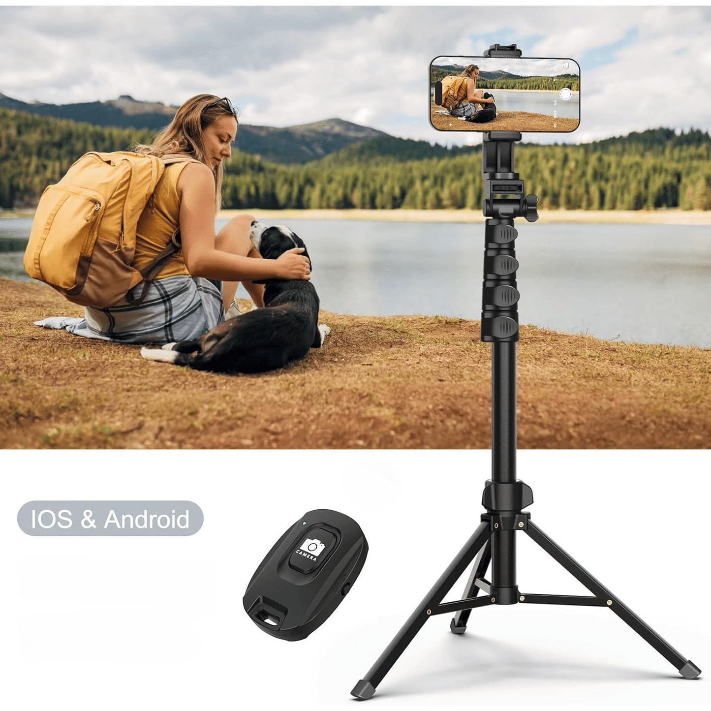 Adjustable Phone and Camera Tripod Stand with Remote, Portable and Sturdy 64'' Tripod for Smartphones and Cameras, Perfect for Video Recording and Live Streaming