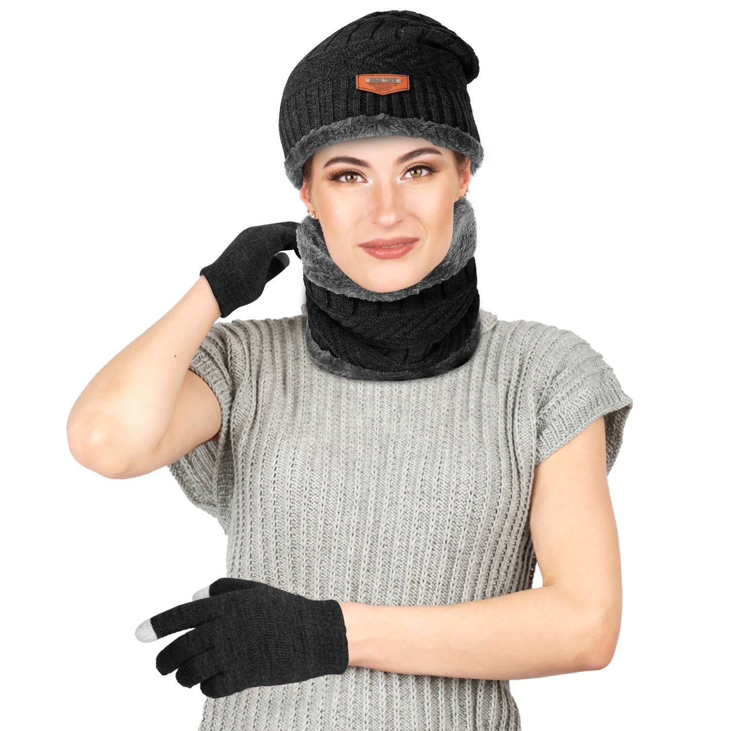 Winter Knitted Hat Scarf Gloves 3Pcs Winter Warm Beanie and Touch Screen Gloves Scarf Set Knit Beanie Skull Cap Neck Warmer Mittens for Men Women