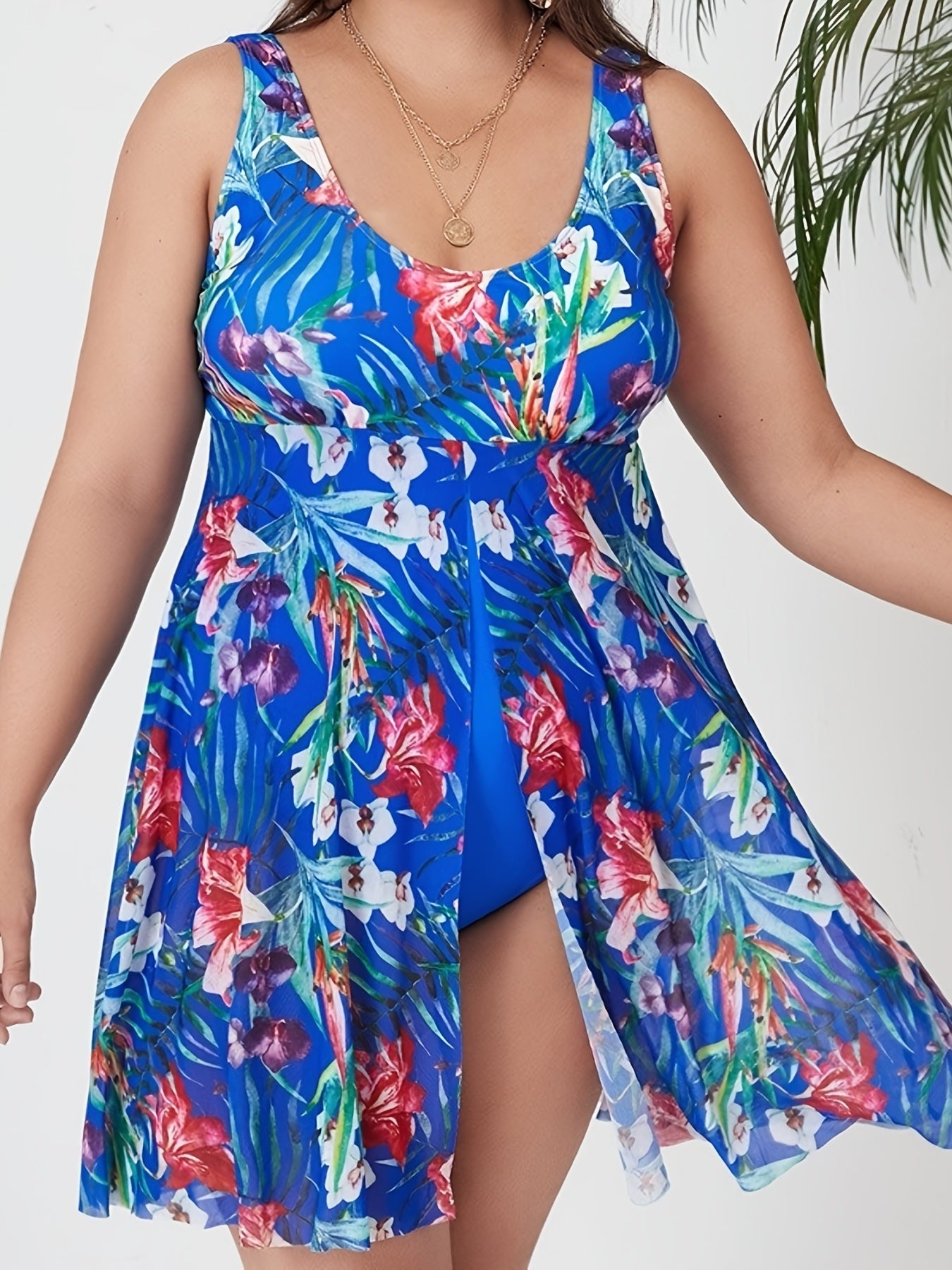 Plus Size Casual Swimsuit; Women's Plus Tropical Print Contrast Mesh Layered One Piece Swimsuit