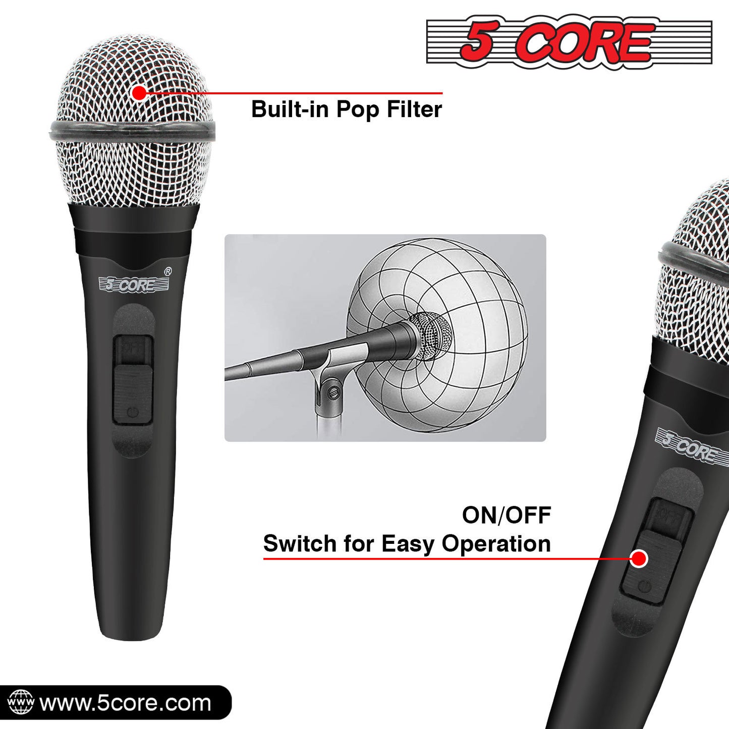 5 Core Microphone XLR Dynamic Mic Karaoke Singing Handheld Microfono Wired Professional Unidirectional 1/4 Plug In Cord Connection for Vocal DJ Music - PM 600