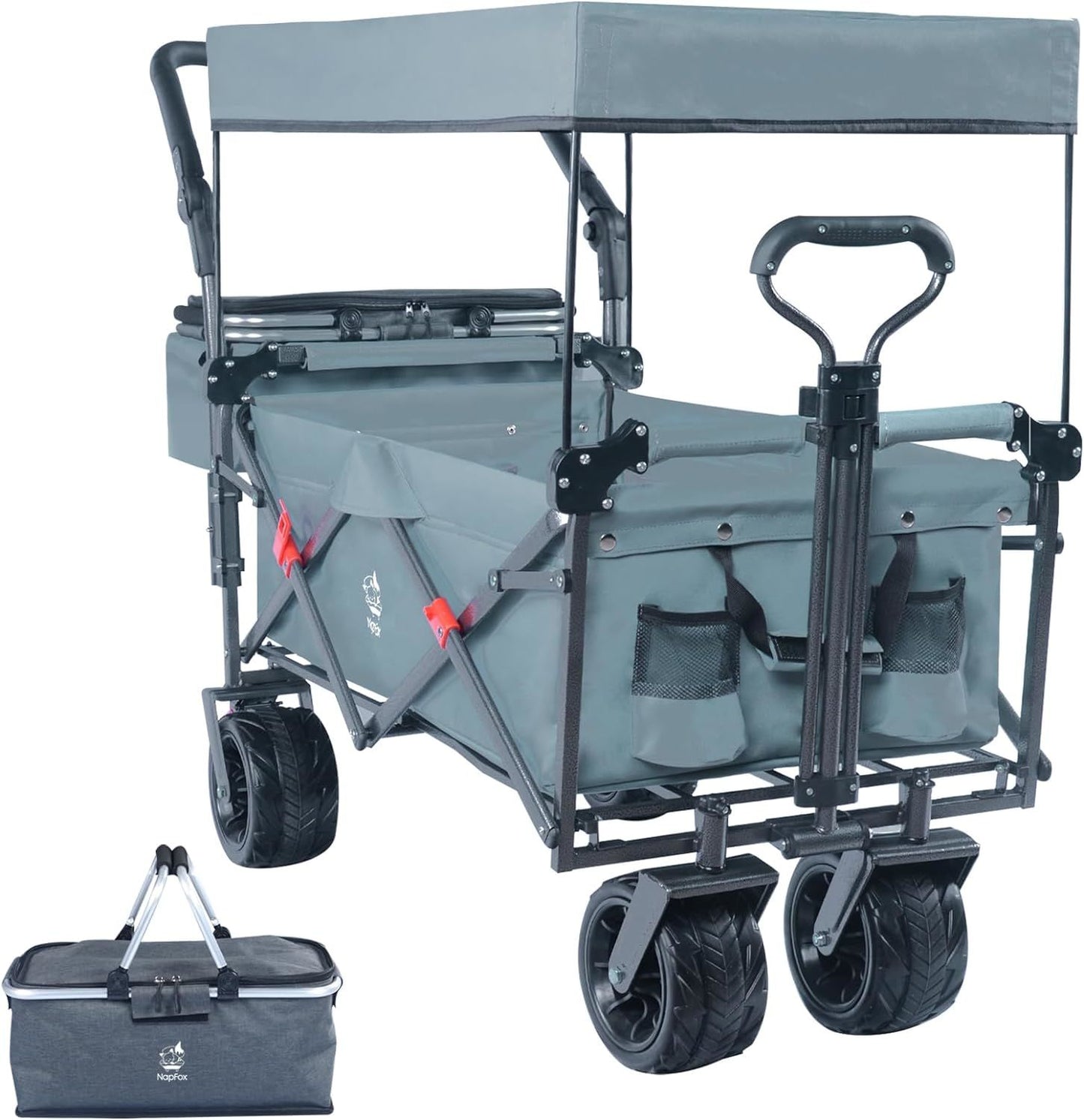 Collapsible Wagon Heavy Duty Folding Wagon Cart with Removable Canopy, 4" Wide Large All Terrain Wheels, Brake, Adjustable Handles,Cooler Bag Utility Carts for Outdoor Garden Beach