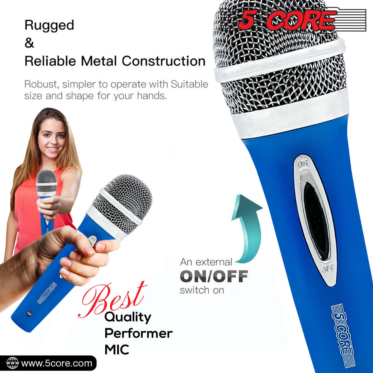 5 Core Microphone Wired Premium Vocal Dynamic Cardioid Handheld Unidirectional Mic with 12ft Detachable XLR Cable to inch Audio Jack and On/Off Switch for Karaoke Singing (Blue) PM 286 BLU