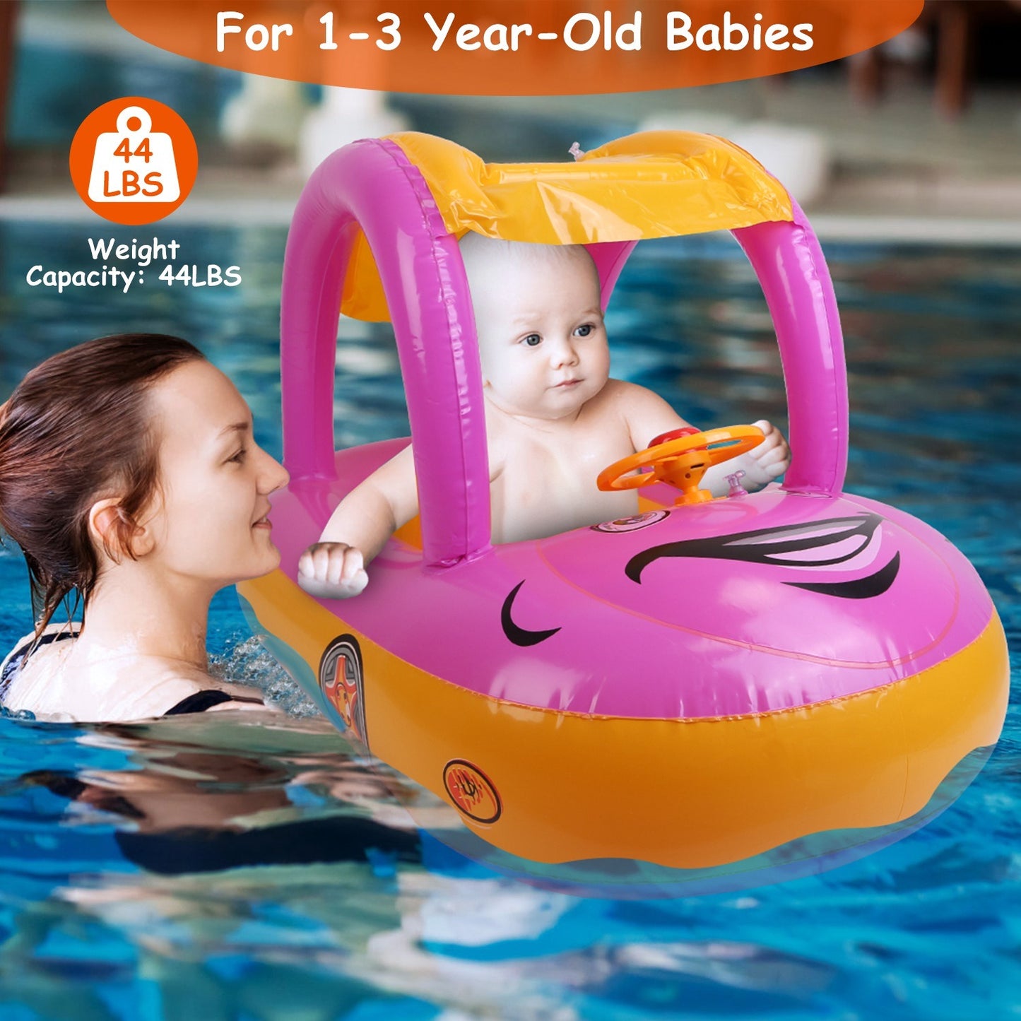 Baby Inflatable Pool Float Car Shaped Toddler Swimming Float Boat Pool Toy Infant Swim Ring Pool with Sun Protection Canopy for 1-3 Year-Old Kids Infant Toddlers