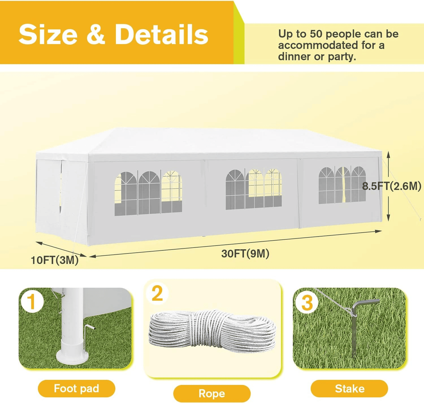 10'x30' Outdoor Party Tent, Heavy Duty Canopy Event Wedding Tent for Parties Backyard Patio, White