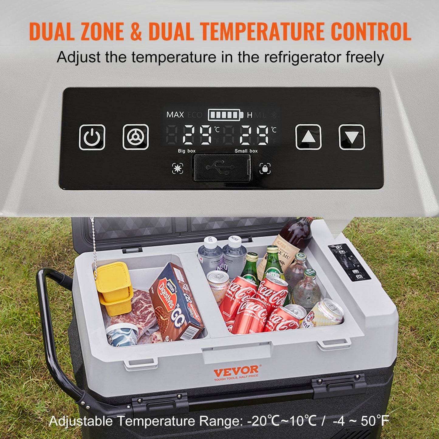 VEVOR Car Refrigerator, 12 Volt Car Refrigerator Fridge, 56 QT/53 L Dual Zone Portable Freezer, -4°F-50°F Adjustable Range, 12/24V DC and 100-240V AC Compressor Cooler for Outdoor, Camping, Travel, RV