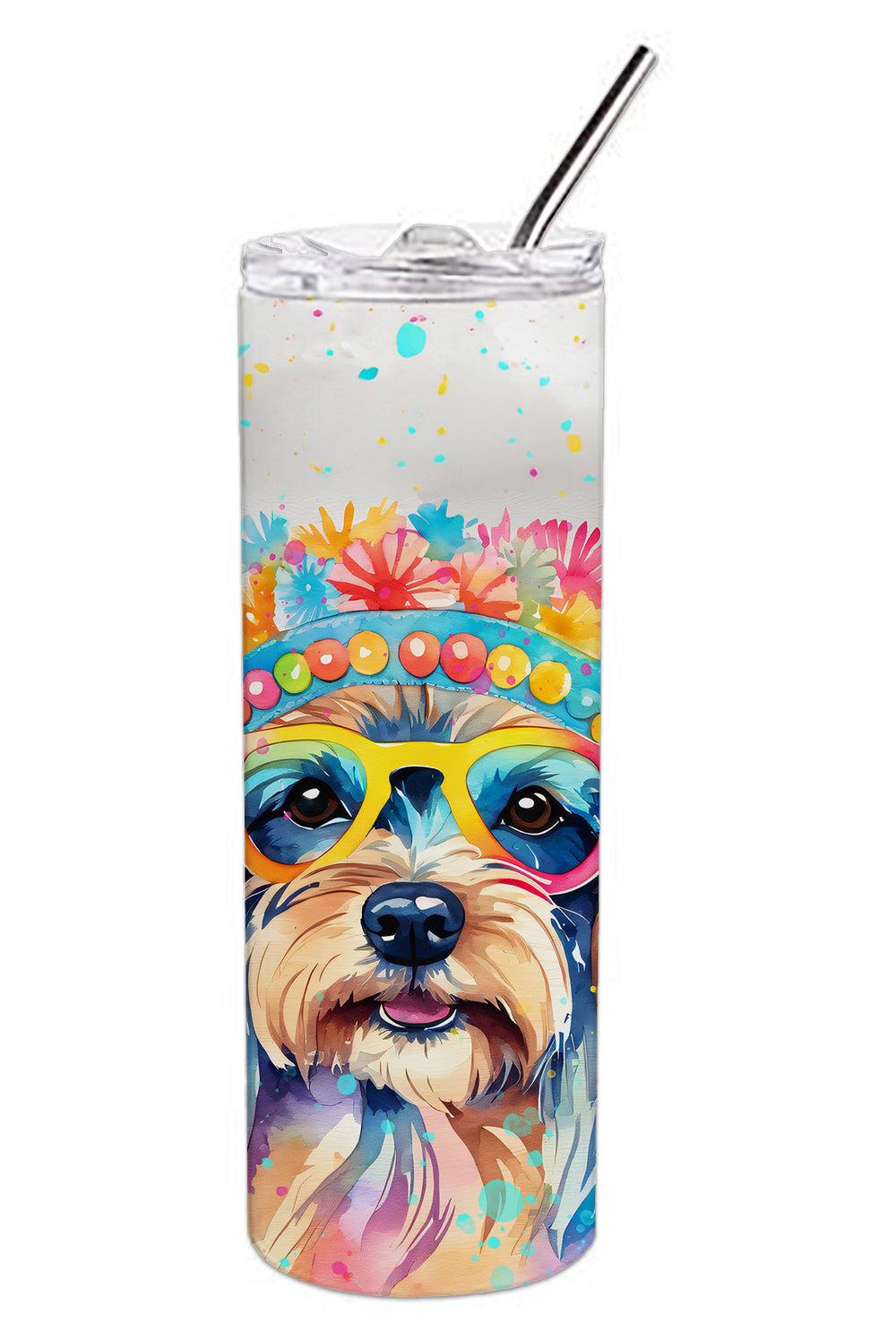 Yorkshire Terrier Hippie Dawg Stainless Steel Skinny Tumbler Vacuum Double Walled Reusable Insulated Tumbler Travel Cup for Coffee Cocktails Gift with Lid, 20 oz