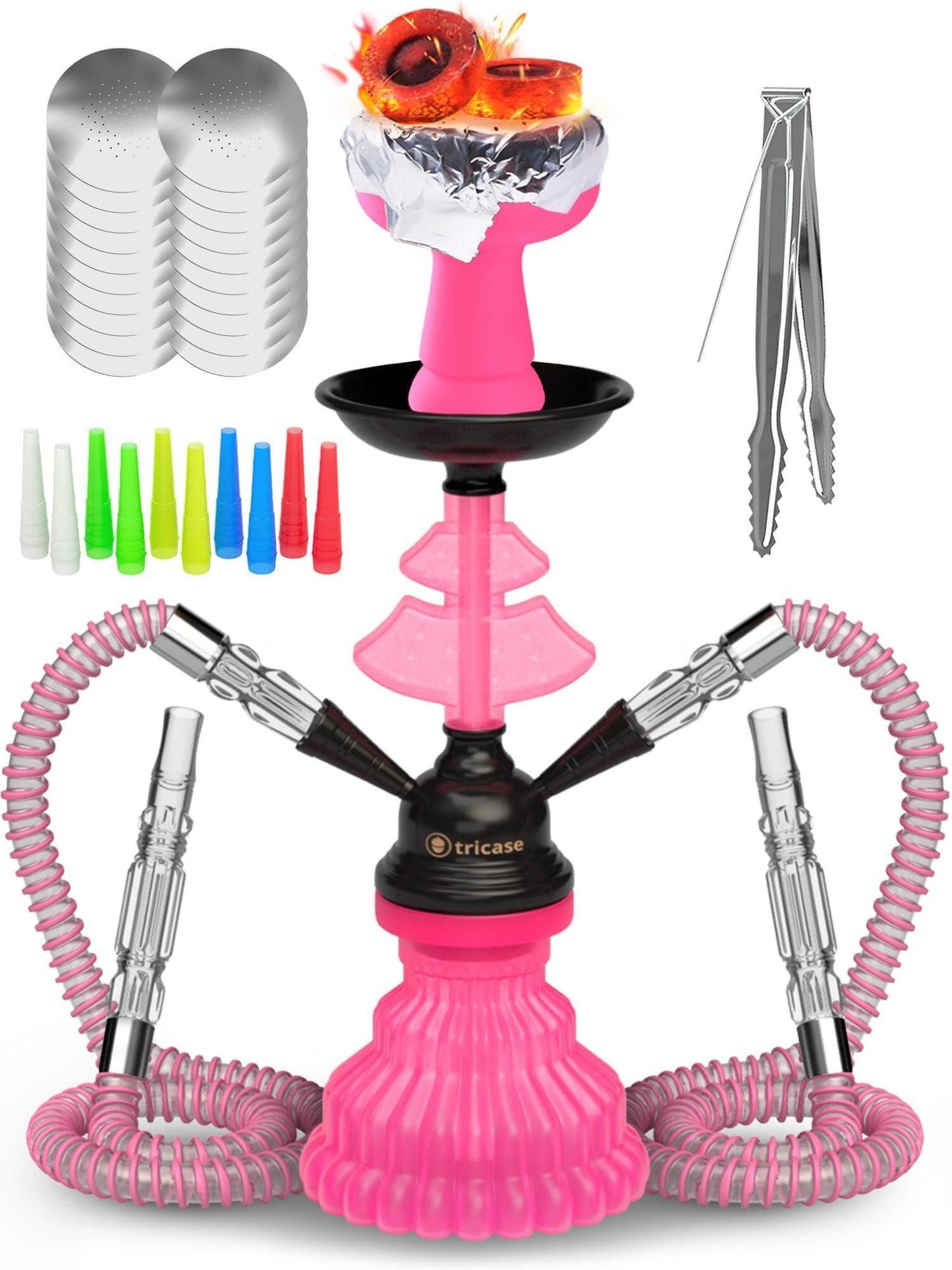 Hookah set with everything Pink Hookah Set 2 Hose Hookah LilOne 12” Pink Mini Hookah 2 Hose Hookah Set with 50x Foil Big Silicone Bowl 10x Tips 2x Mouthpiece 2x Hookah Hose Tongs