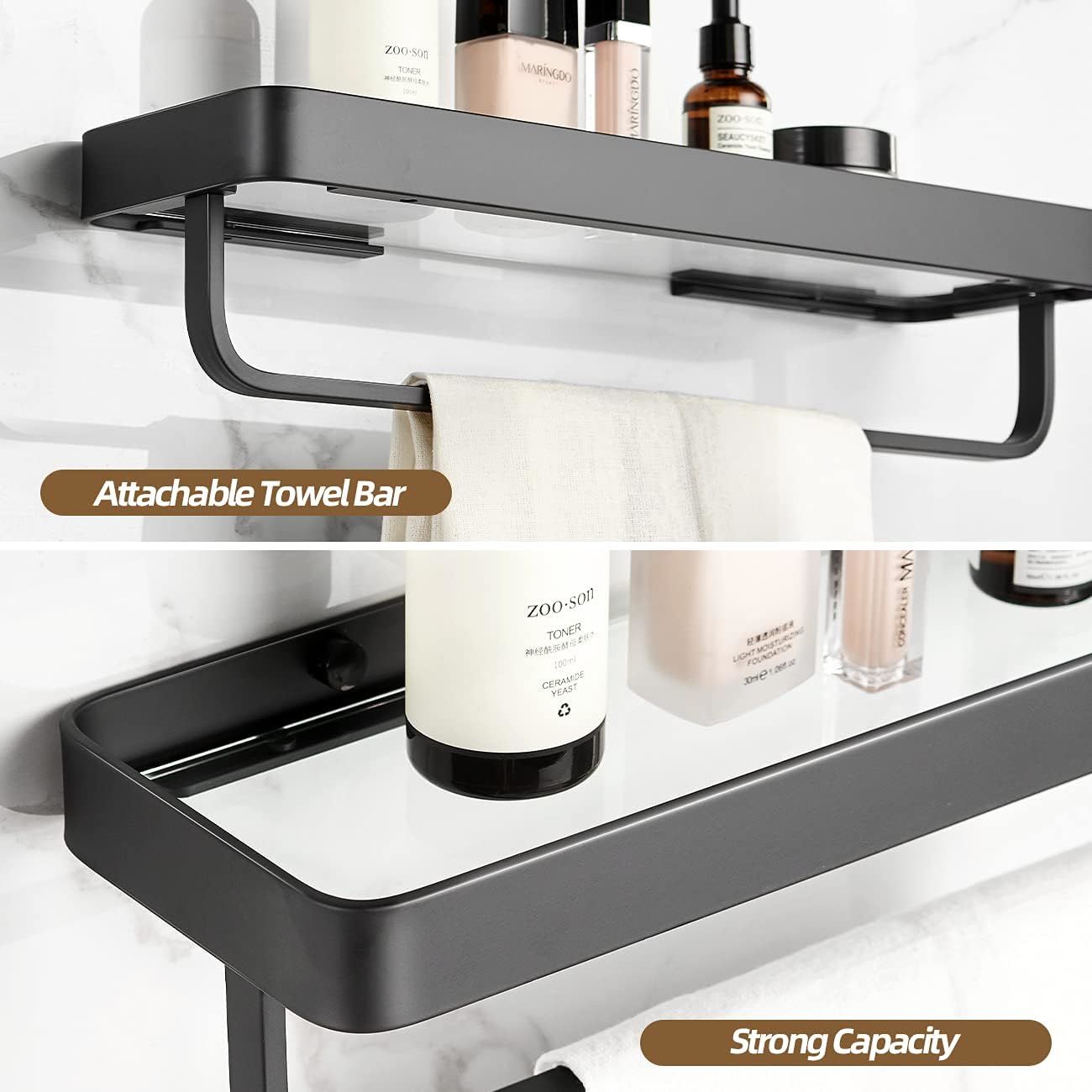 Bathroom Shelves Wall Mounted Glass Shelves for Bathroom Floating Shelf with Towel Holder Glass Shower Shelf 2 Tier Bathroom Wall Organizer