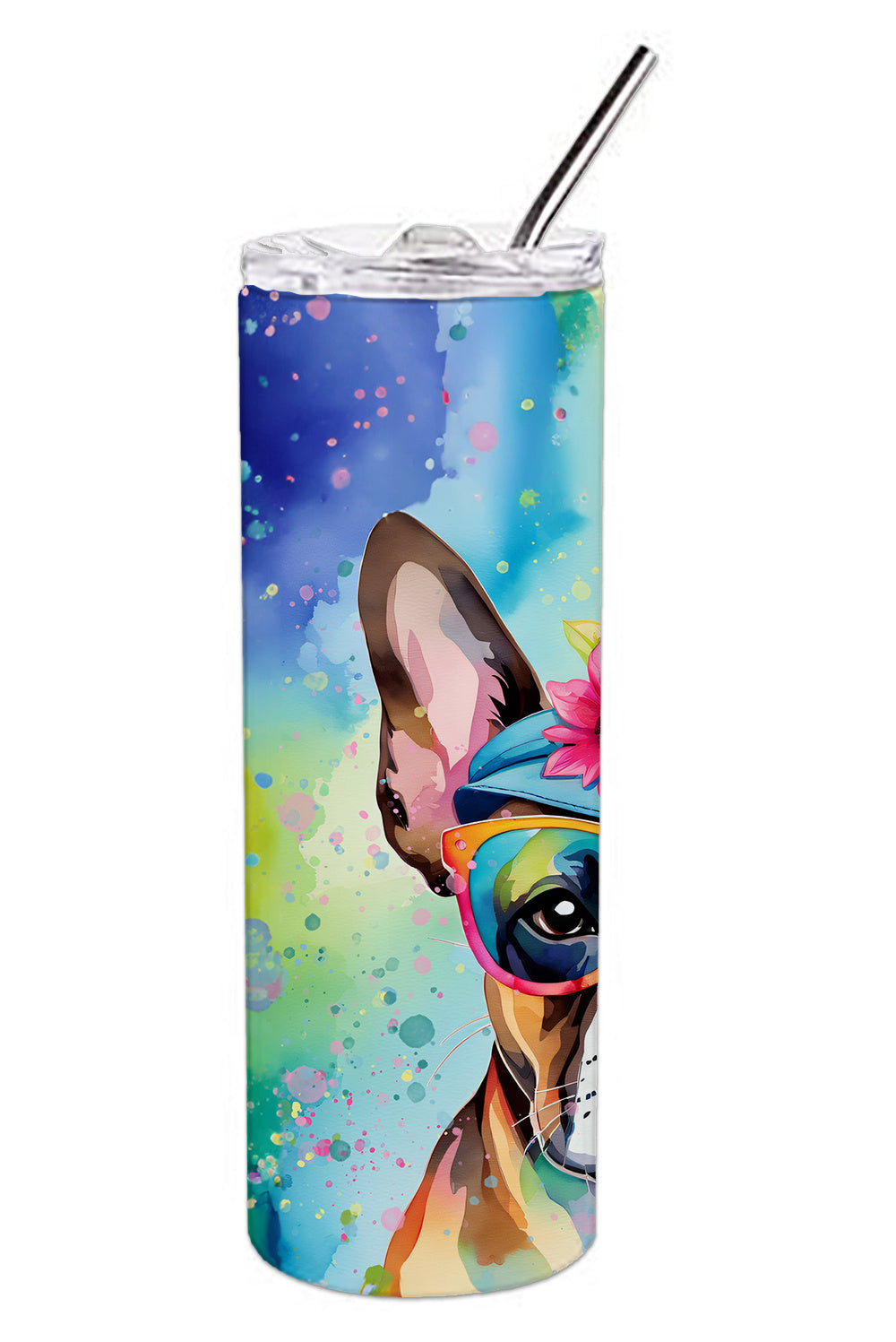 Boston Terrier Hippie Dawg Stainless Steel Skinny Tumbler Vacuum Double Walled Reusable Insulated Tumbler Travel Cup for Coffee Cocktails Gift with Lid, 20 oz