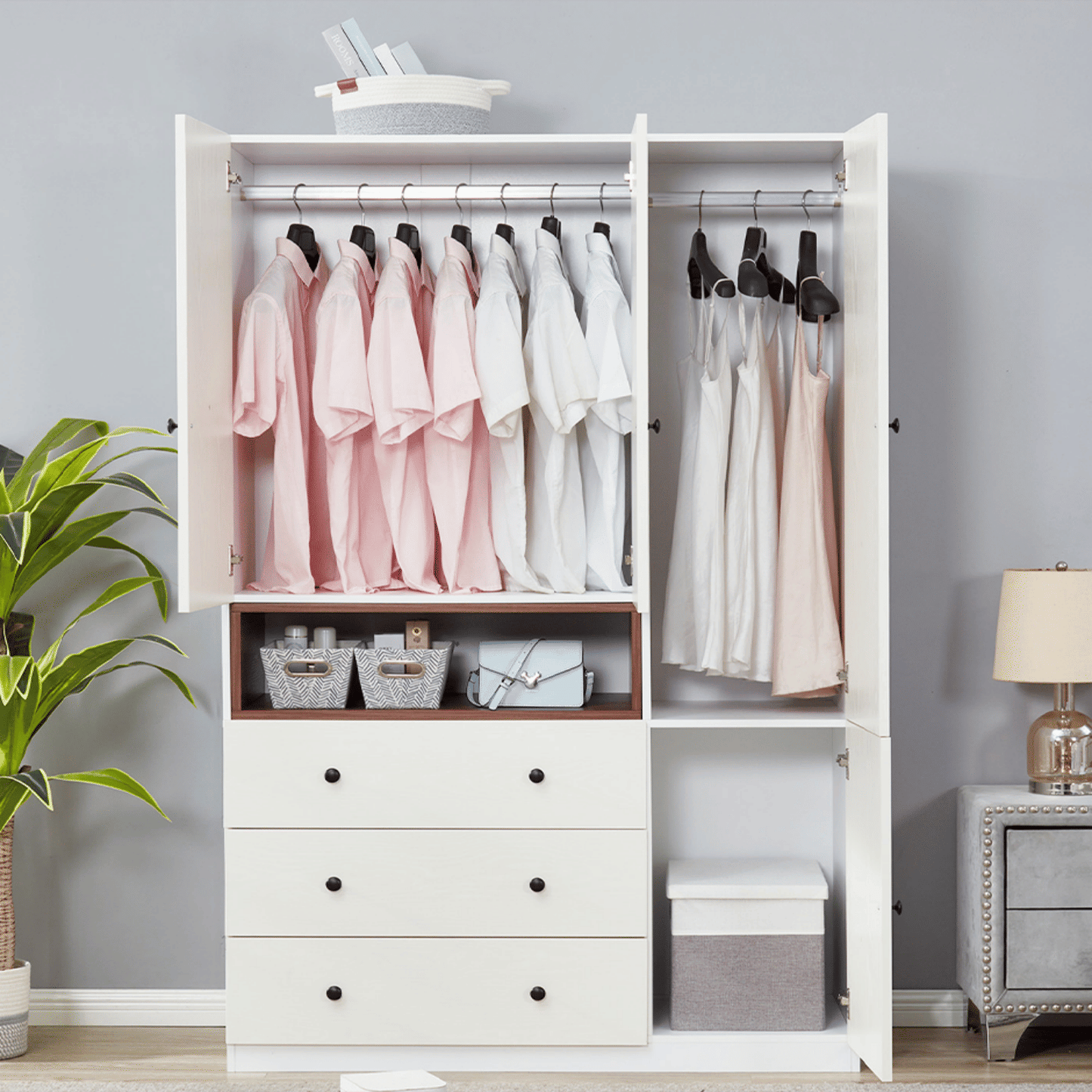 3-Door Armoire Wardrobe Closet, Wooden 3 Drawers White Closet Storage Cabinet for Large Capacity, Tall Cabinet Closet with 2 Hanging Rod for Bedroom 47.3" L x 20.3" W x 72" H