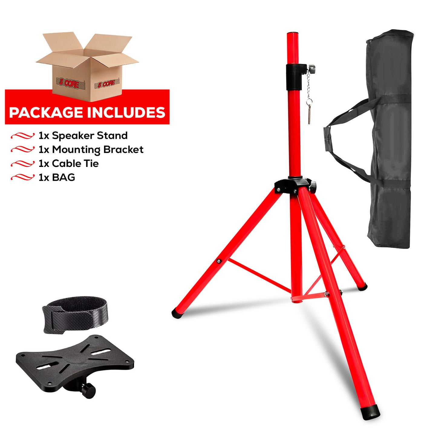 5 Core Speaker Stand Tripod Floor Heavy Duty Adjustable Up to 72 Inch DJ Studio Monitor Stands Pole Mount  - SS HD RED BAG