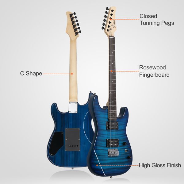 [Do Not Sell on Amazon] Glarry GST Stylish H-H Pickup Tiger Stripe Electric Guitar Kit with 20W AMP Bag Guitar Strap Blue