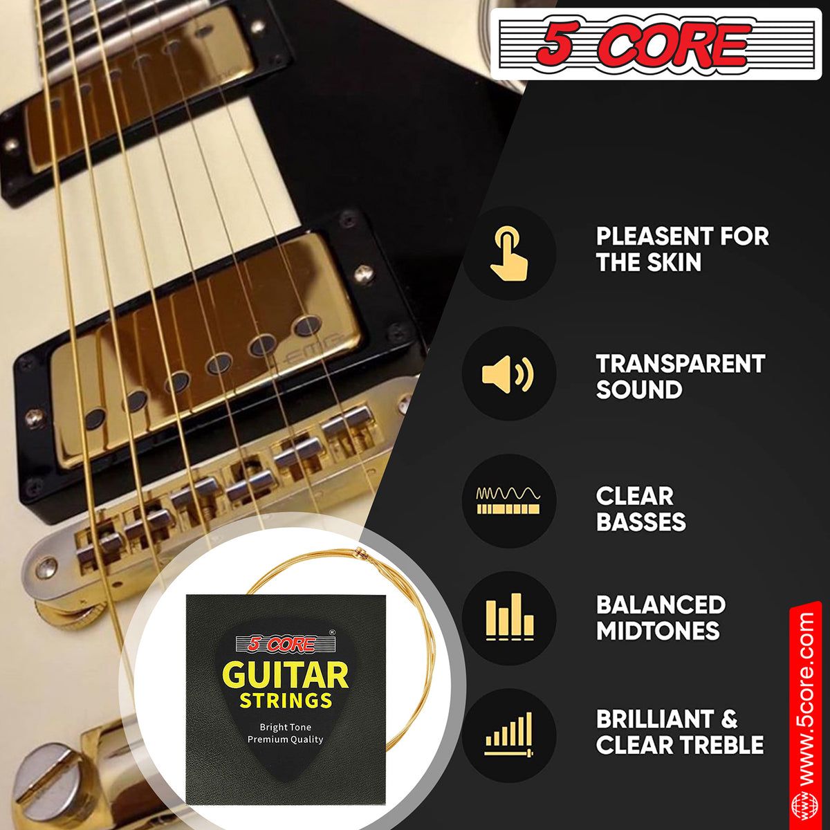 5 Core Brass Acoustic Guitar Strings, Heavy Duty Gauge High-Carbon Steel Core .013-.066 GS AC BRSS HD