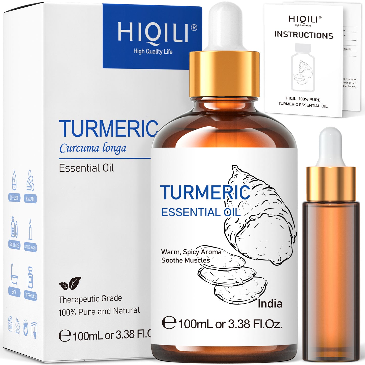 HIQILI 100ML Turmeric Essential Oils, 100% Pure Herbal Plant Oil for Candle, Health Promotion, Diffuser And Humidifier, Relax