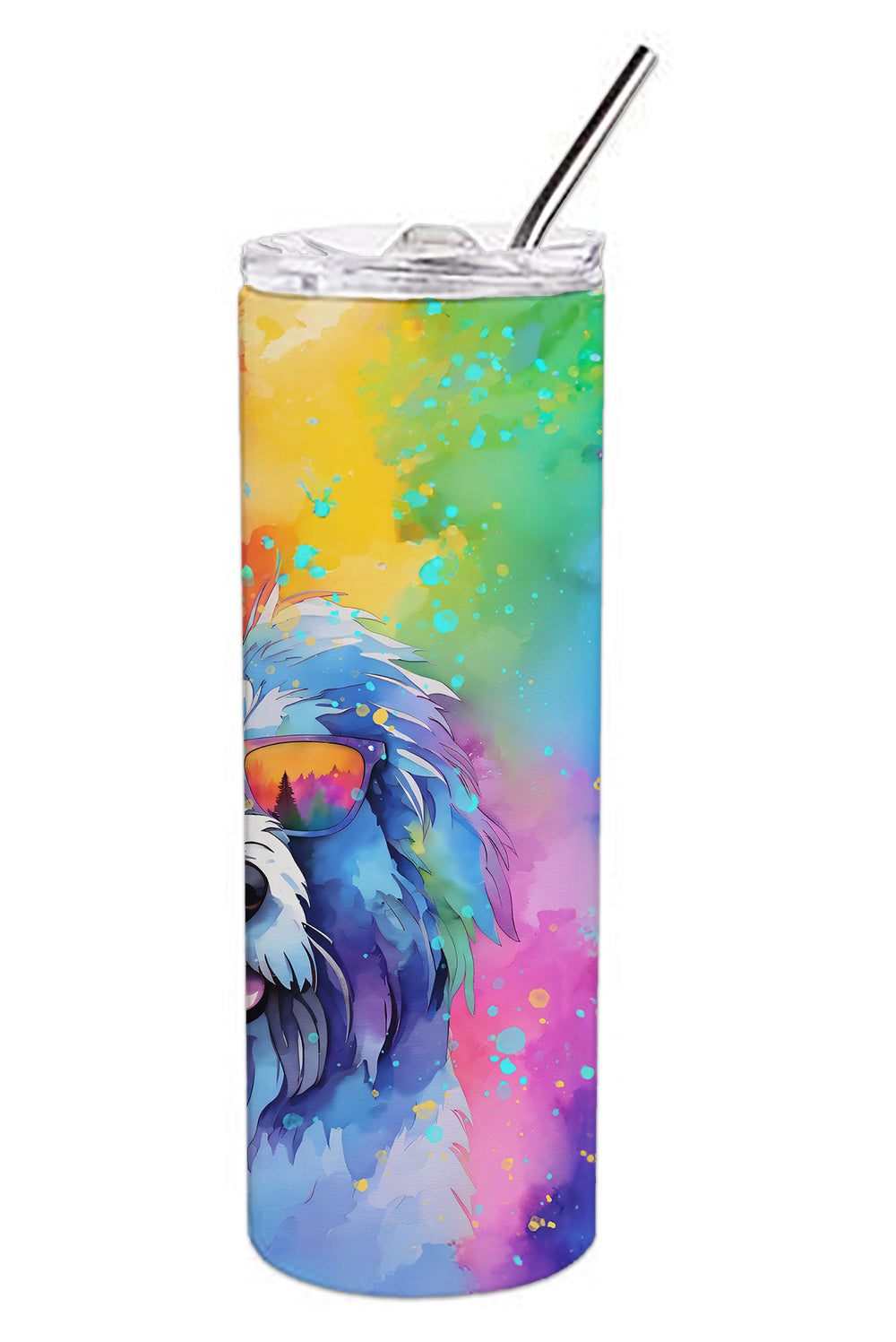 Old English Sheepdog Hippie Dawg Stainless Steel Skinny Tumbler Vacuum Double Walled Reusable Insulated Tumbler Travel Cup for Coffee Cocktails Gift with Lid, 20 oz