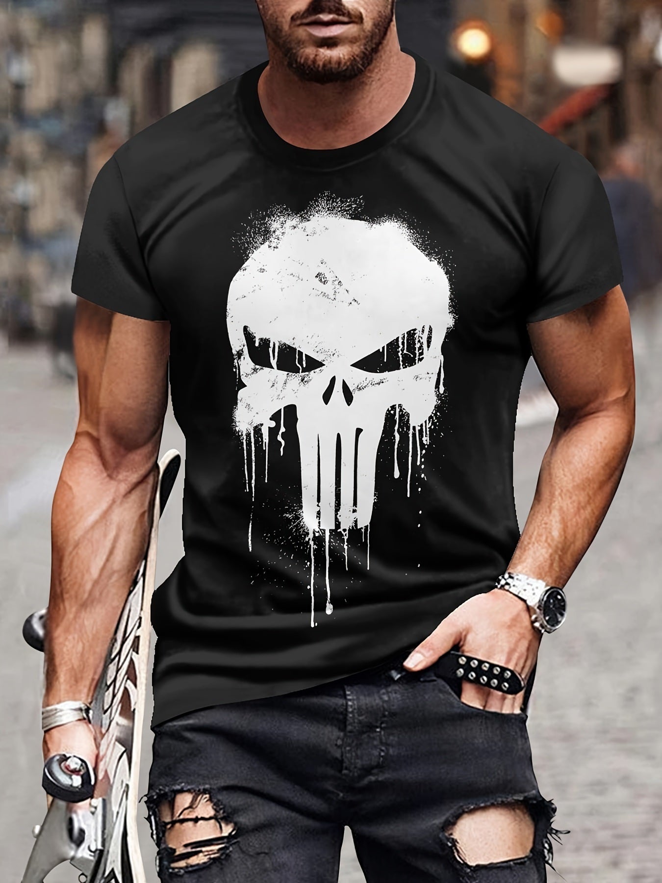 Men's Skull Print T-shirt, Casual Short Sleeved Round Neck T-shirt, Outdoor Men's Clothing