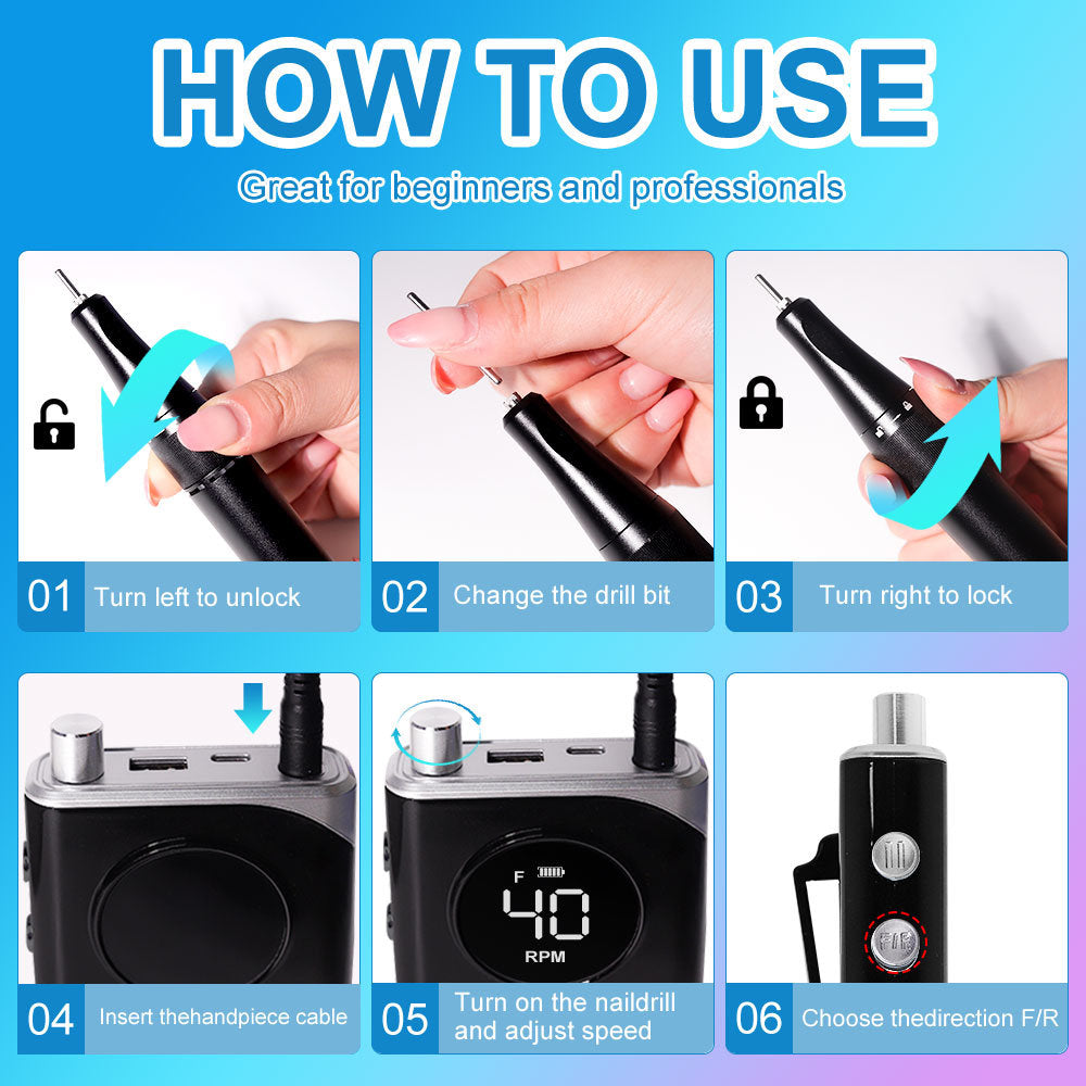 40000RPM Nail Drill Machine Electric Portable Nail File Rechargeable Nail Sander for Gel Nails Polishing For Home Manicure Salon