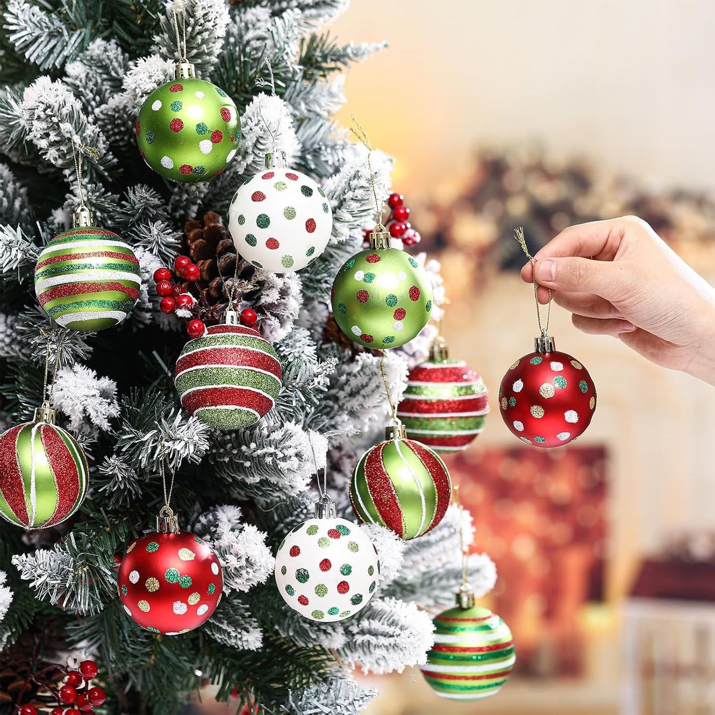 12Pcs Christmas Ball Ornaments with Ropes Glittering Swirl Polka Dot Design Plastic Hanging Decorations Red and Green Christmas Tree Shatterproof Pendants for Holiday New Year Xmas Party Decor