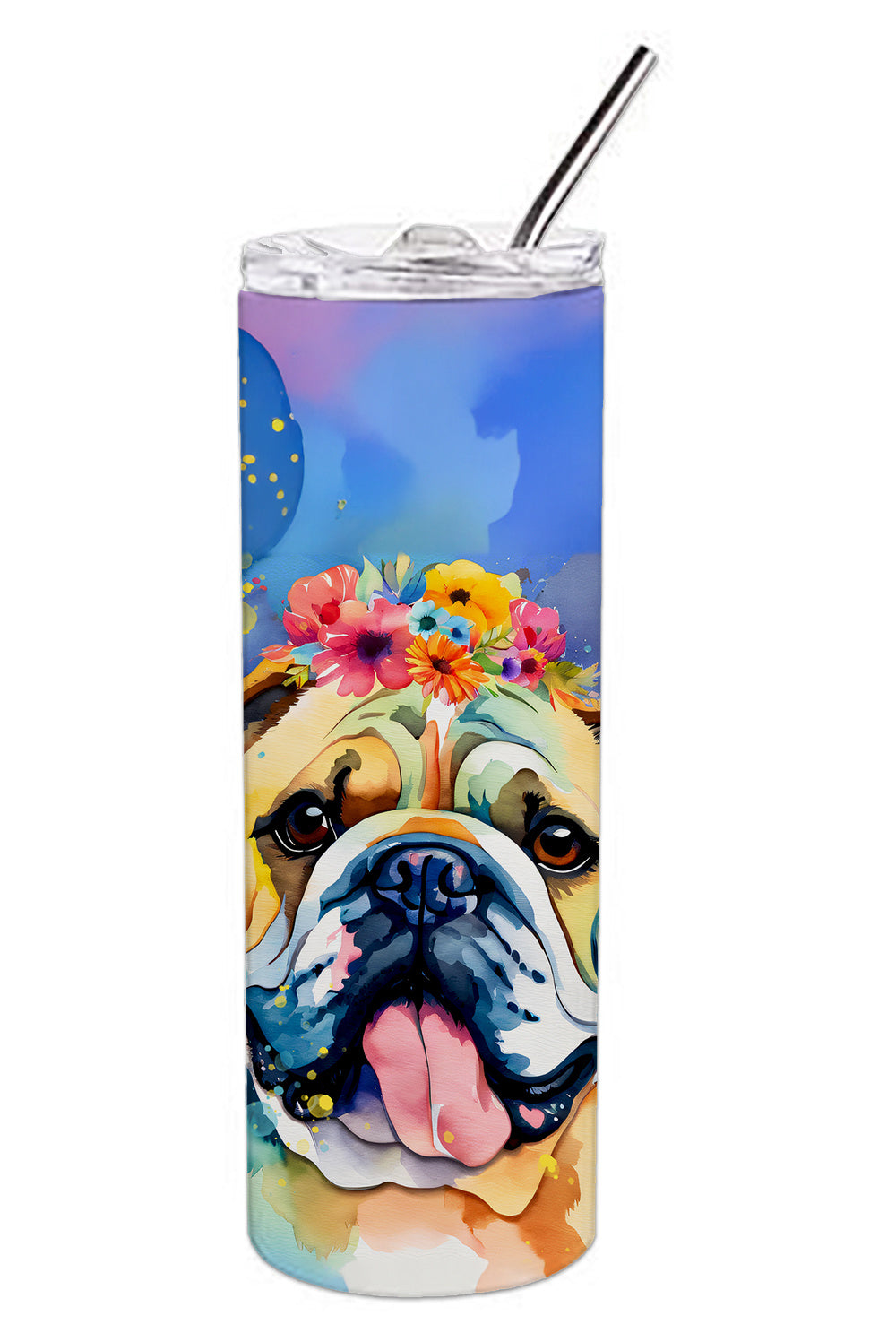 English Bulldog Hippie Dawg Stainless Steel Skinny Tumbler Vacuum Double Walled Reusable Insulated Tumbler Travel Cup for Coffee Cocktails Gift with Lid, 20 oz