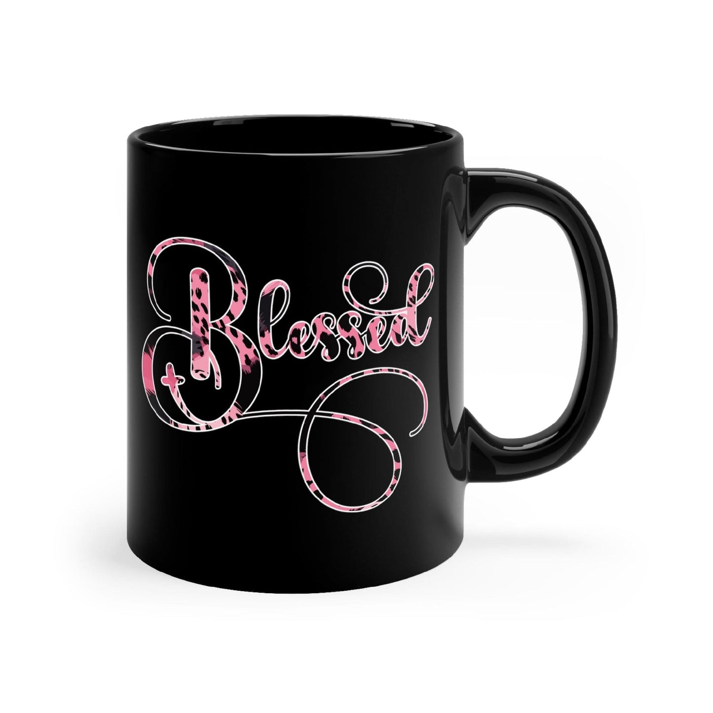 Black Ceramic Mug - 11oz, Blessed Pink And Black Patterned Graphic Illustration