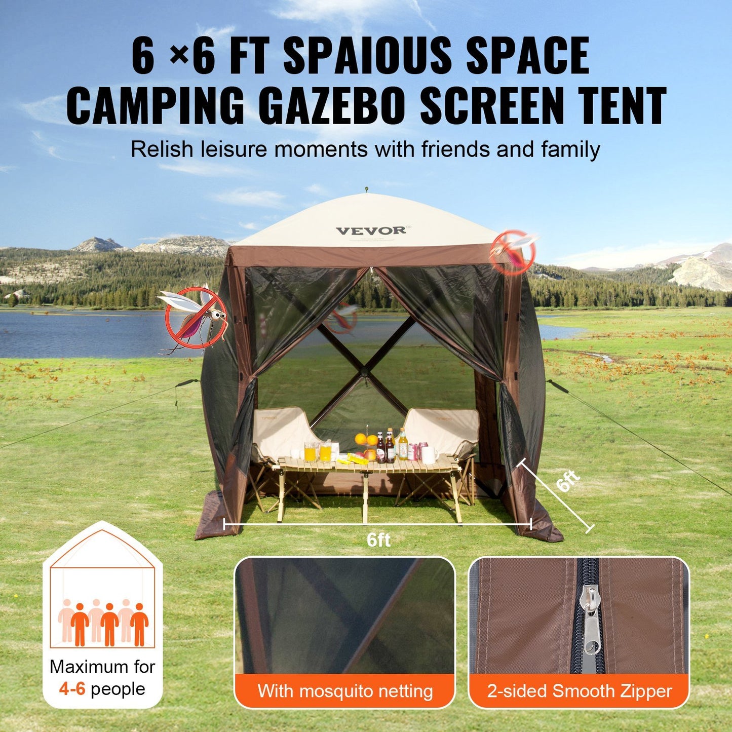 VEVOR Pop Up Gazebo Tent, Pop-Up Screen Tent 4 Sided Canopy Sun Shelter with 4 Removable Privacy Wind Cloths & Mesh Windows, 6x6FT Quick Set Screen Tent with Mosquito Netting, Brown