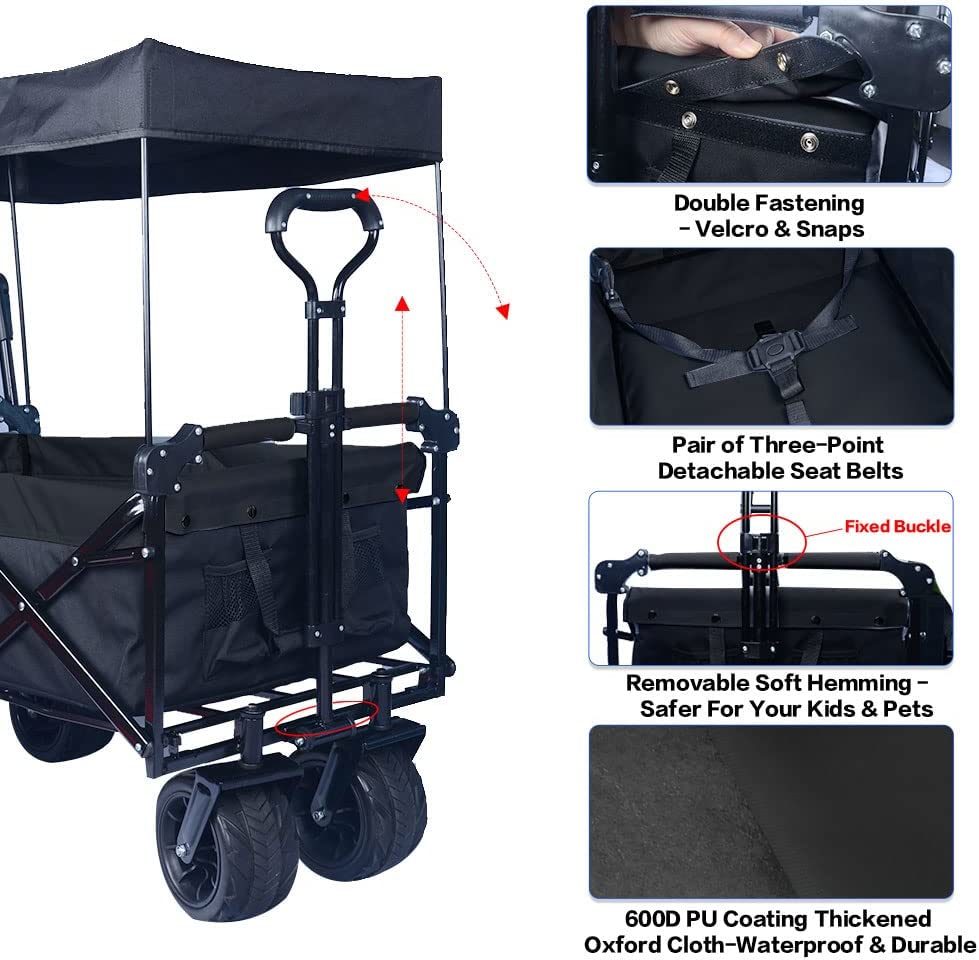 Collapsible Wagon Heavy Duty Folding Wagon Cart with Removable Canopy, 4" Wide Large All Terrain Wheels, Brake, Adjustable Handles,Cooler Bag Utility Carts for Outdoor Garden Beach