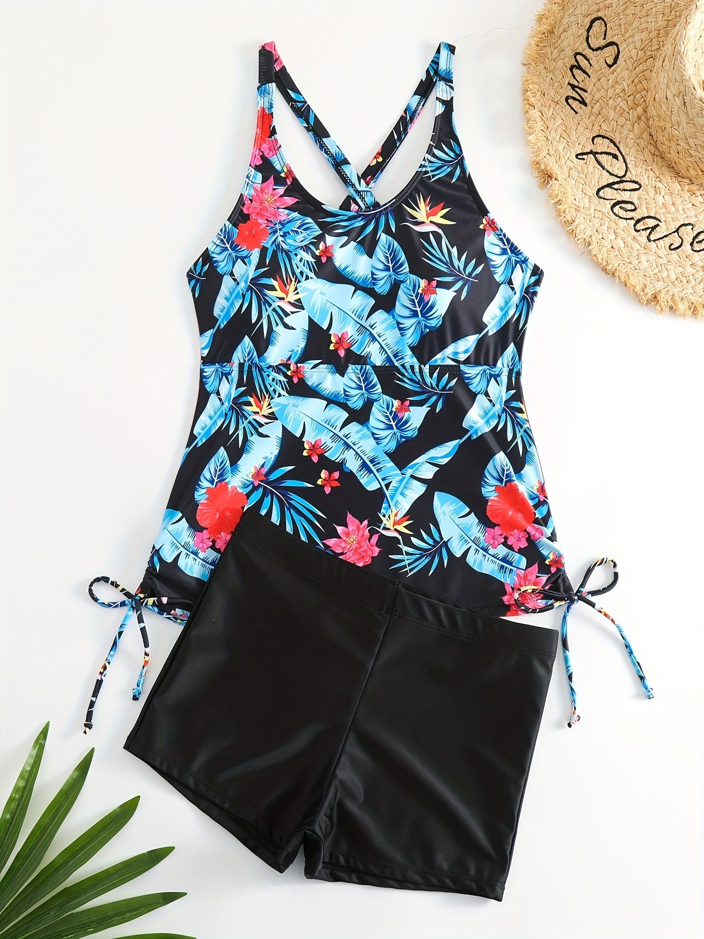 Tropical Print Round Neck Tankini Sets, Drawstring Straps Boxer Short Bottom Two Pieces Swimsuit, Women's Swimwear & Clothing