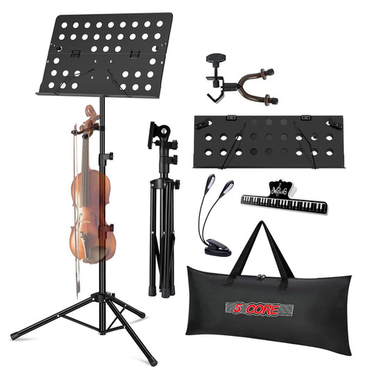 5 Core Music Stand For Sheet Music Height Adjustable Portable Folding Atril Para Partituras w Light Clip for Guitar Players Violinists Cellists Pianists - MUS FLD HD ACC BLK