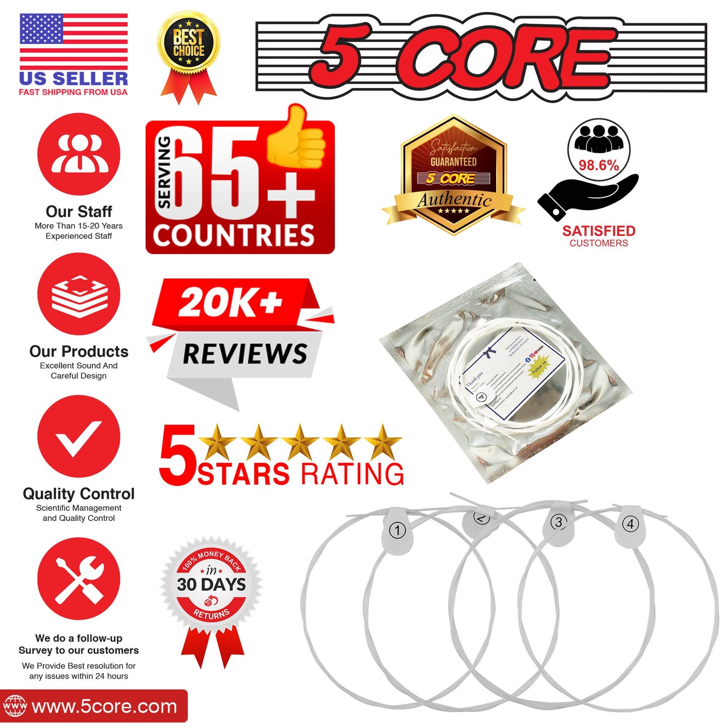 5 Core Premium Ukulele Strings, Tuning Replacement 4 Pieces String in 1 Pack for Musical Instruments Easy for Beginners Easy on Fingertips for General Ukulele Sweet Sound - UKS 4PCS