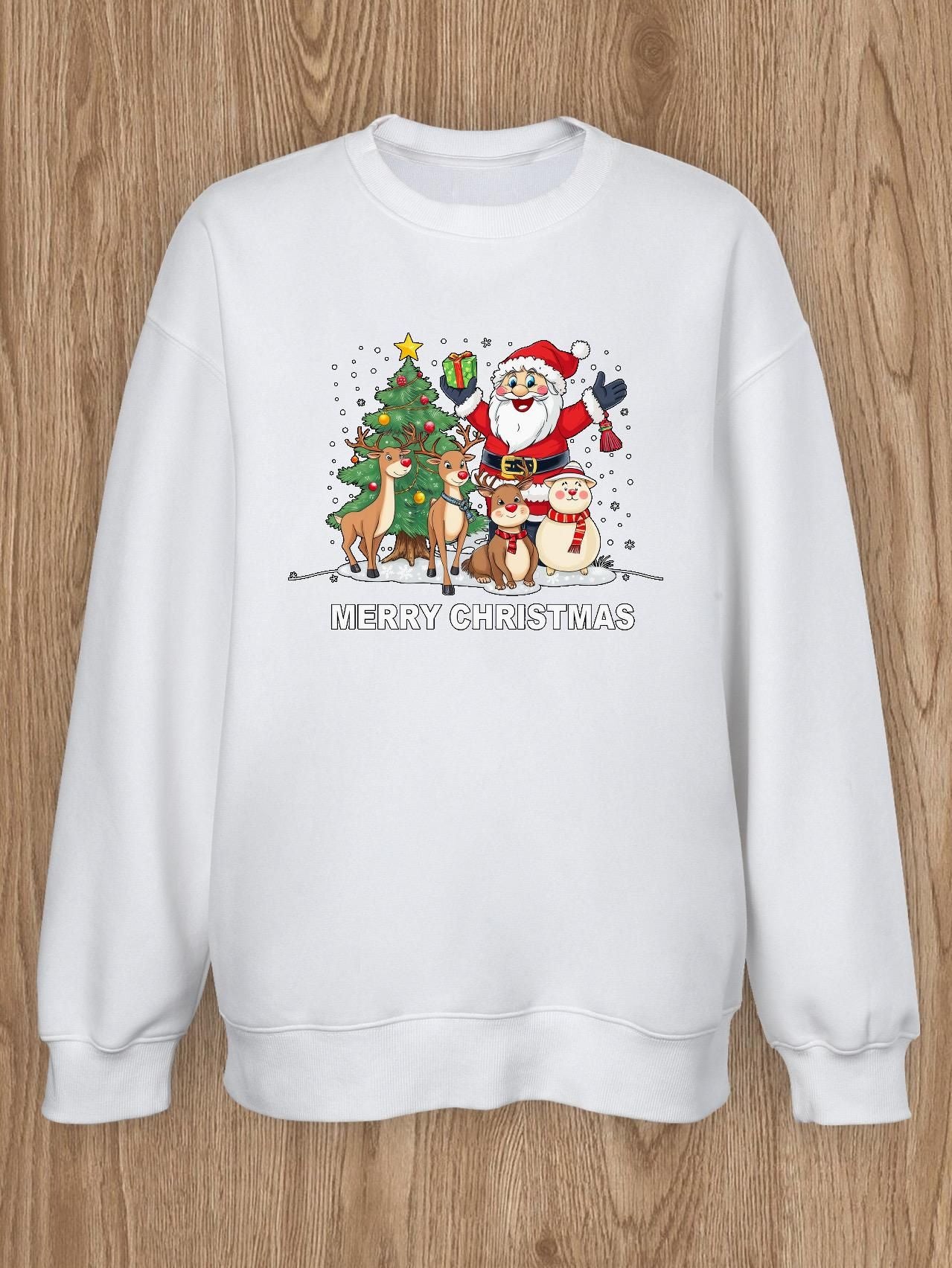 Women Basic Casual Pullover Spring Autumn Long Sleeve Little Elk with Santa Claus Printed Round Neck