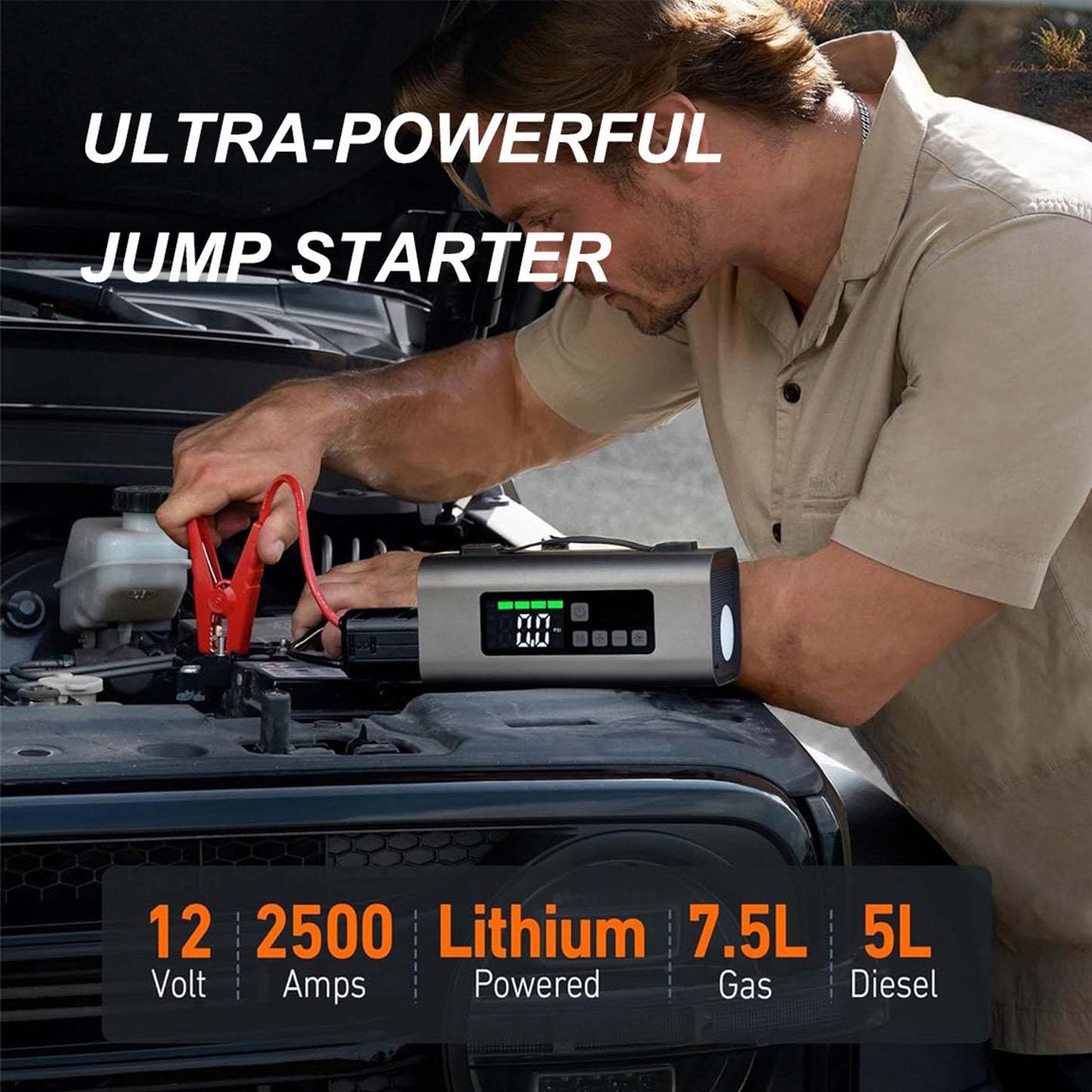 Jump Starter With Air Compressor And Air Pump, 2500A Battery Jump Starter With 150PSI Tire Inflator, Up To 7.5L Gas 5.0L Diesel Engine, 2 LED Screen For Car Tires, Air Mattress, Inflatables