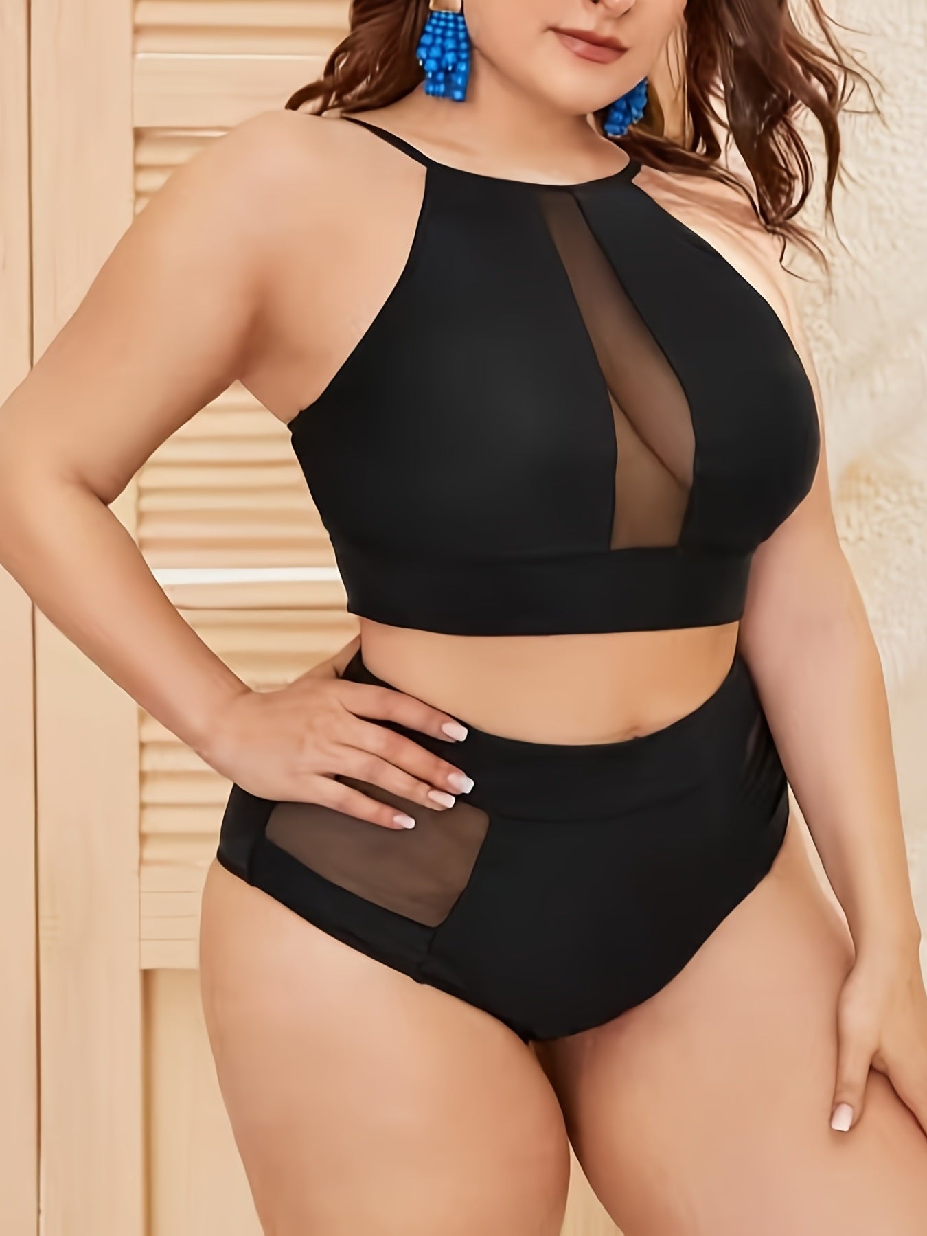 Plus Size Contrast Mesh Halter Neck Solid Bikini Set; Women's Plus Medium Stretch Semi Sheer Sexy Swimsuit Set Beachwear