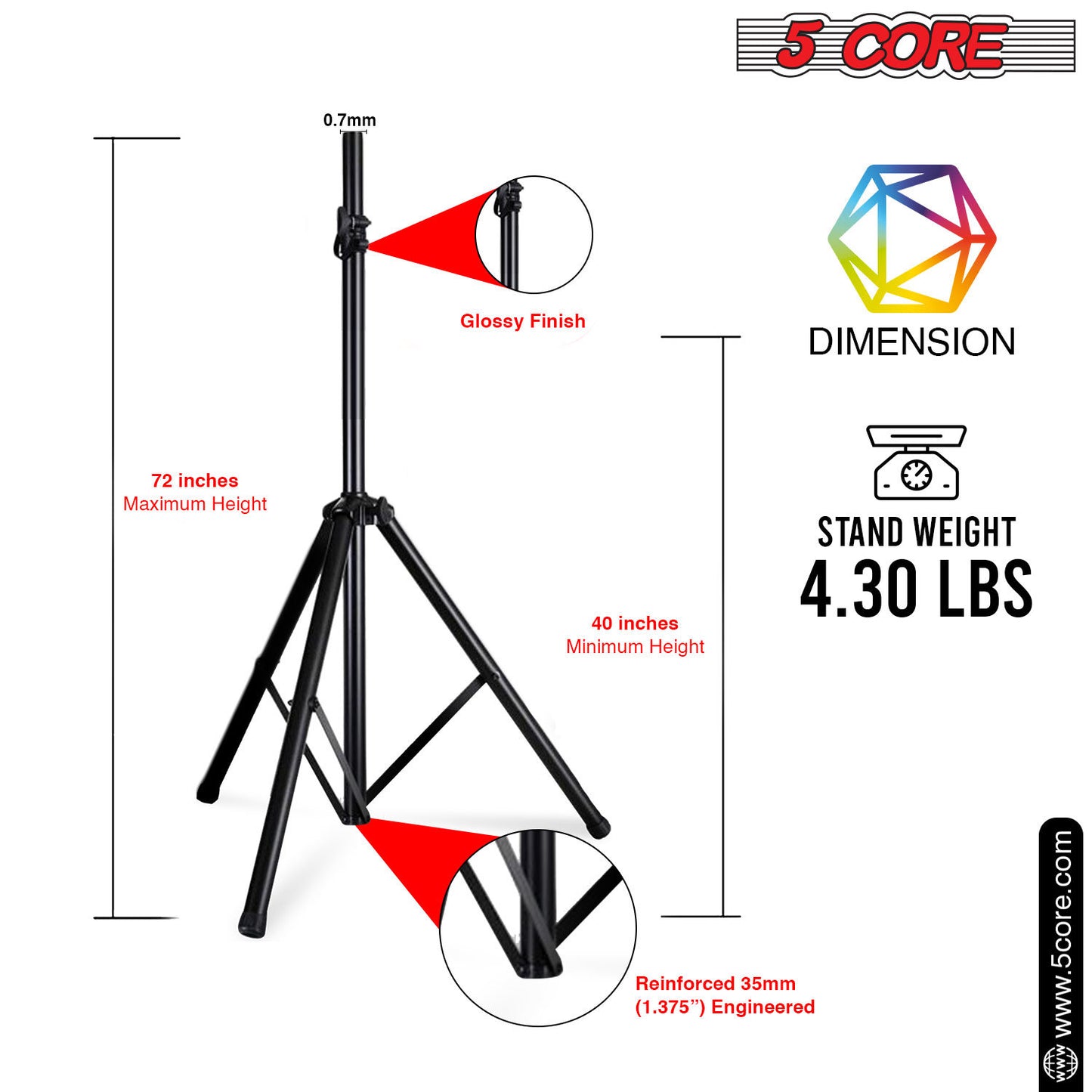 5 Core Speaker Stand Tripod Floor Tall Pair Adjustable Up to 72 Inch DJ Studio Monitor Stands Pole Mount  - SS ECO 2PK WoB