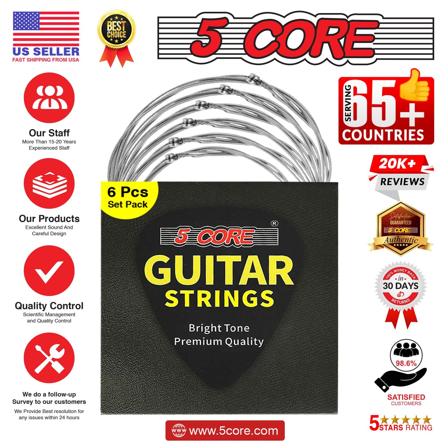 5 Core Guitar strings 6 Pieces Nickel Acoustic Electric Guitar Strings guitar & bass accessories, Light, Gauge 0.09-0.042 Nickel Wound Shield Package Corrosion free - GS EL