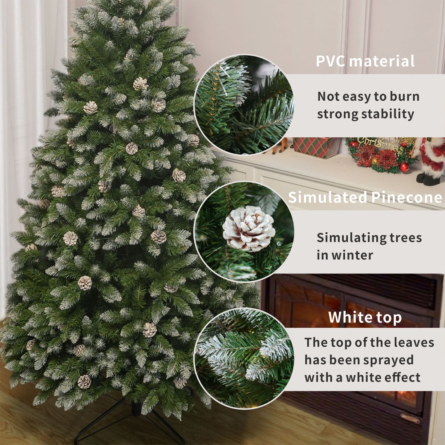 6FT PVC Christmas Tree, 883 Snow-Covered Branches Tips with Pinecones, Environmentally Friendly Artificial