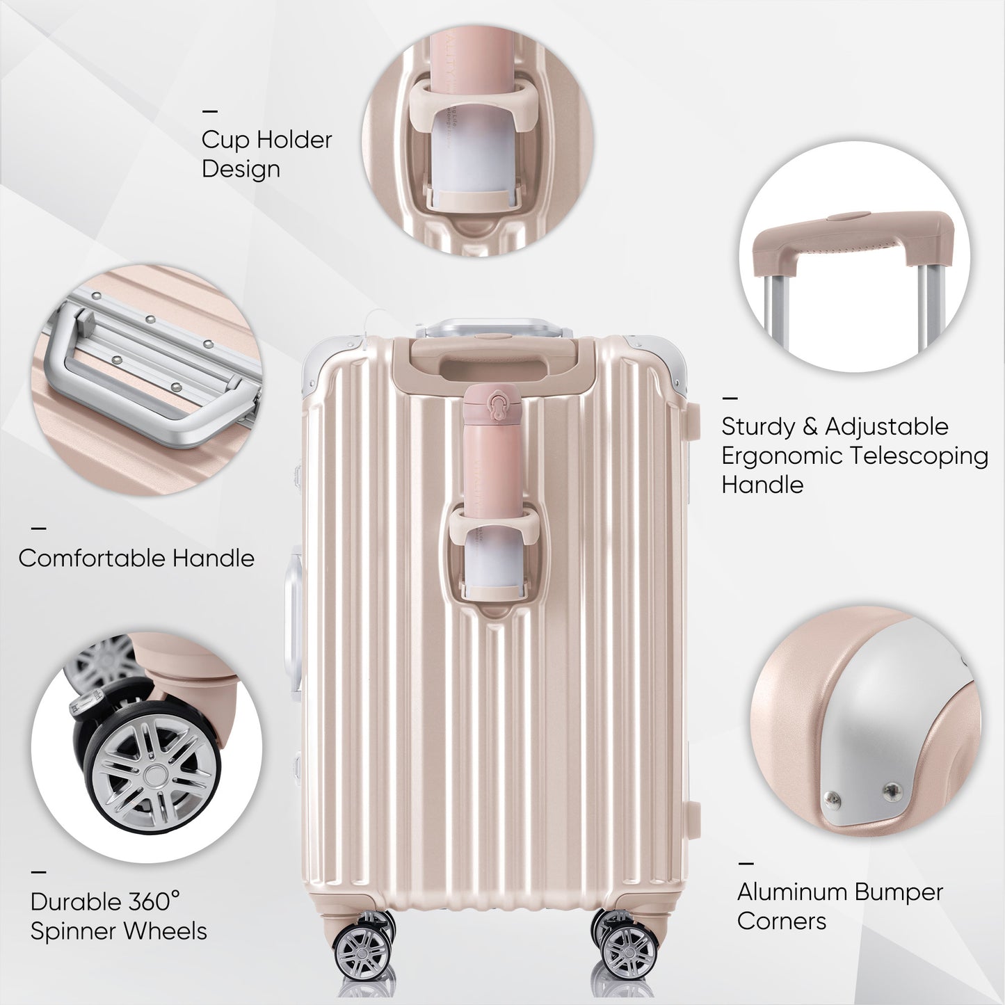 1pc 20in Aluminum Frame Luggage with USB port, Vacation Carry-On Suitcase with Spinner Wheels and TSA Lock, Travel Trolley Case For Short Business Trips, Beach Holidays, pink