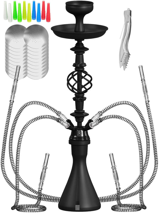 Hookah Set With Everything 4 Hose Black Hookah Set with 50x Foil Big Silicone Bowl 10x Tips 4x Mouthpiece 4x Hookah Hose Tongs