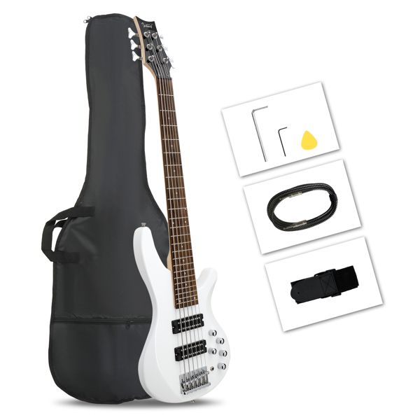 [Do Not Sell on Amazon]Glarry 44 Inch GIB 6 String H-H Pickup Laurel Wood Fingerboard Electric Bass Guitar with Bag and other Accessories White