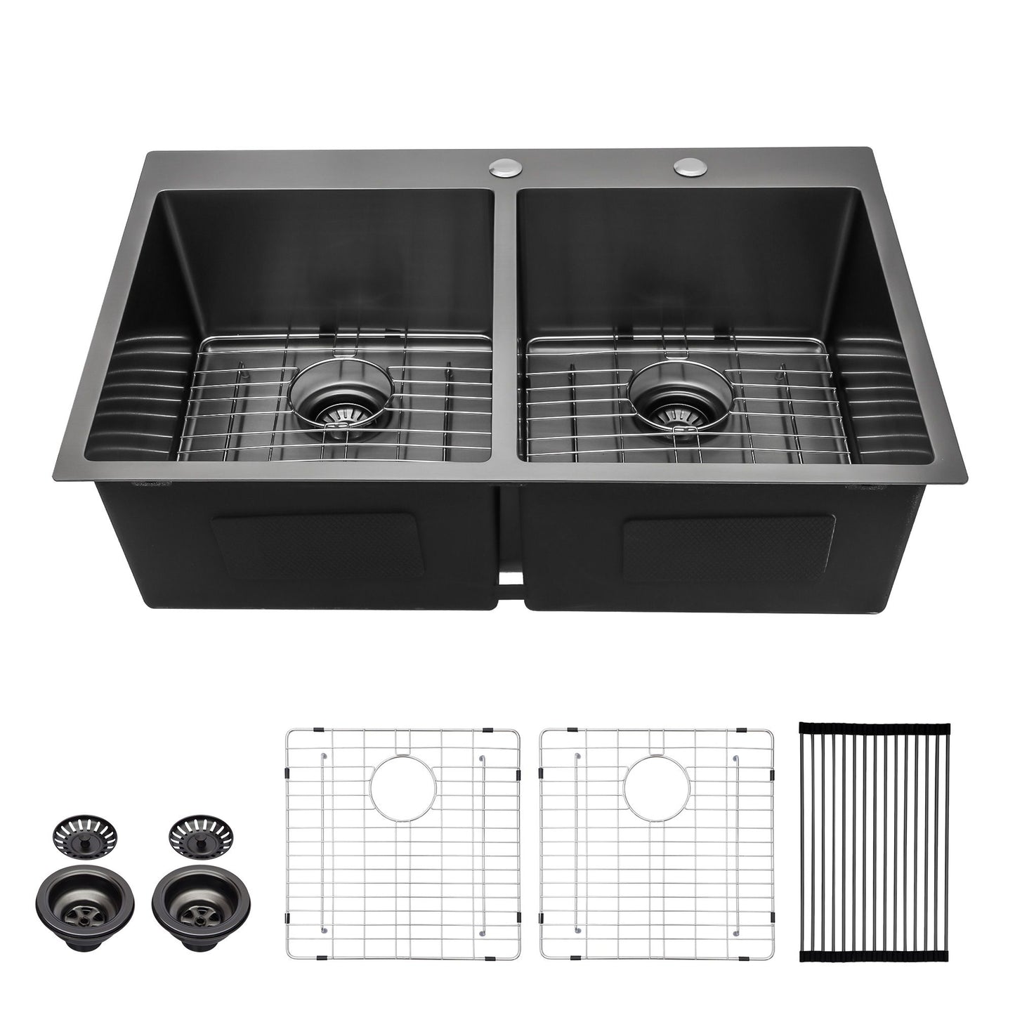 33 Inch Kitchen Sink Drop-in Topmount Sink 16 Gauge Double Bowl 50/50 Gunmetal Black Stainless Steel Sink with Strainer