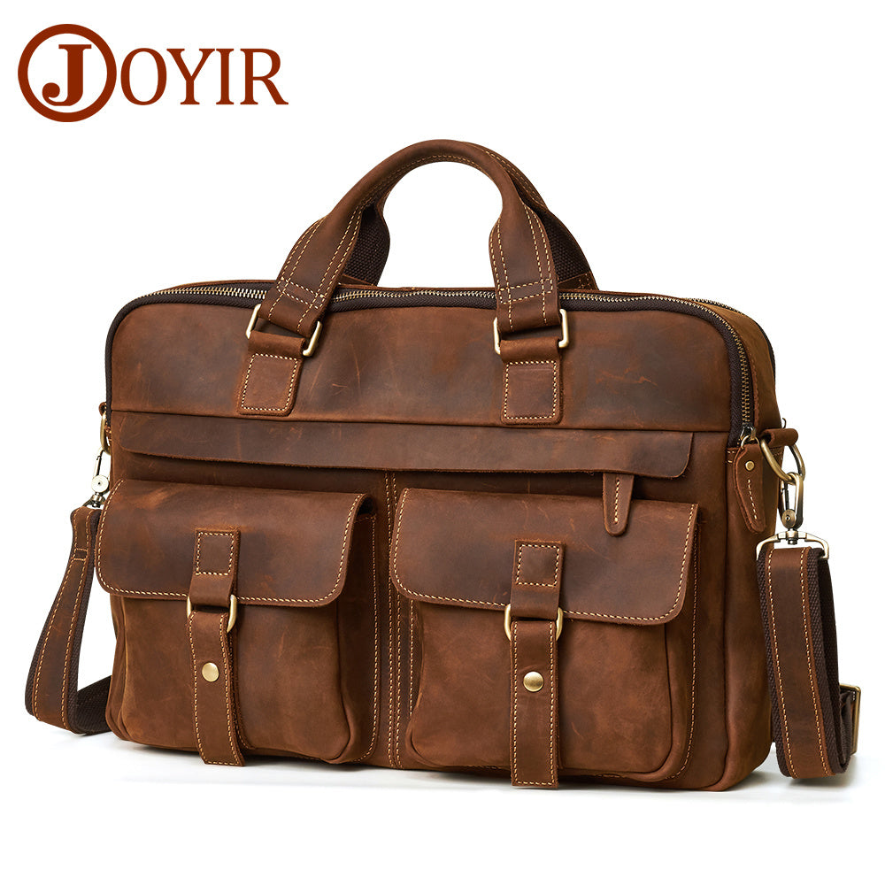 JOYIR Men's Briefcases Crazy Horse Leather Shoulder Messenger Bags Male Portfolio 15.6"17"Laptop Business Office Document Bags