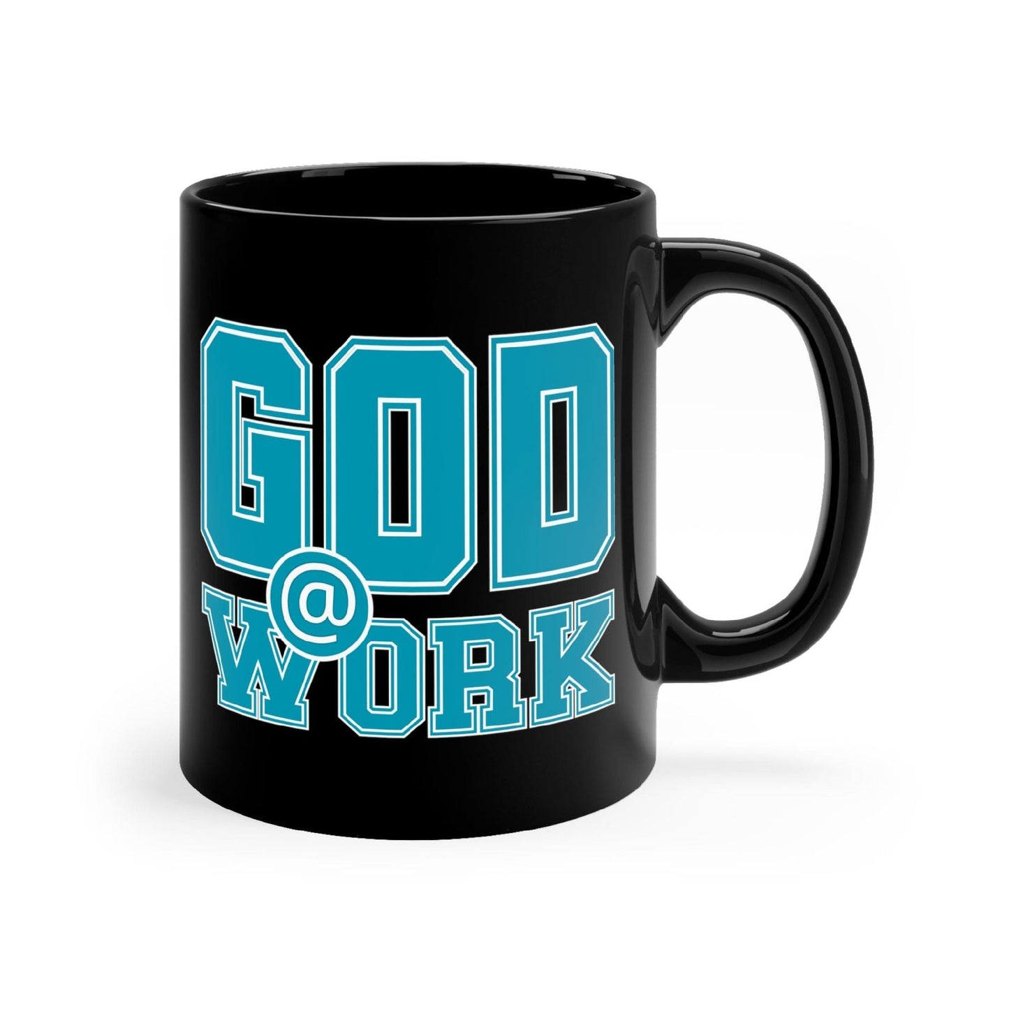 Black Ceramic Mug - 11oz, God @ Work Blue Green And White Print