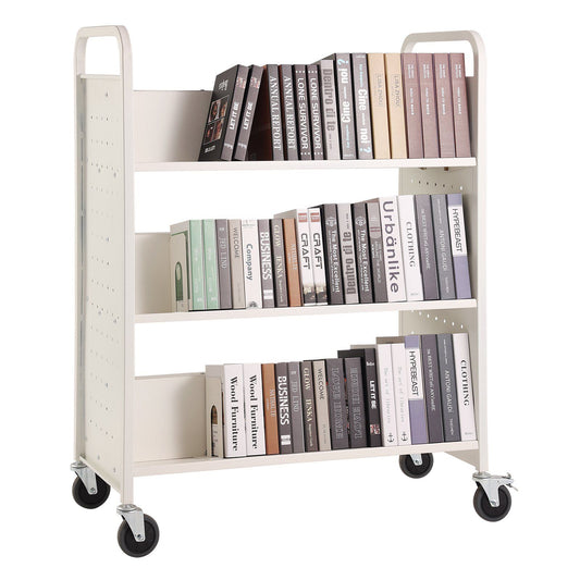 VEVOR Book Cart, 330 lbs Library Cart, 39.4" x 20.1" x 49.2" Rolling Book Cart, Double Sided W-Shaped Sloped Shelves with 4-Inch Lockable Wheels for Home Shelves Office School, Book Truck in White