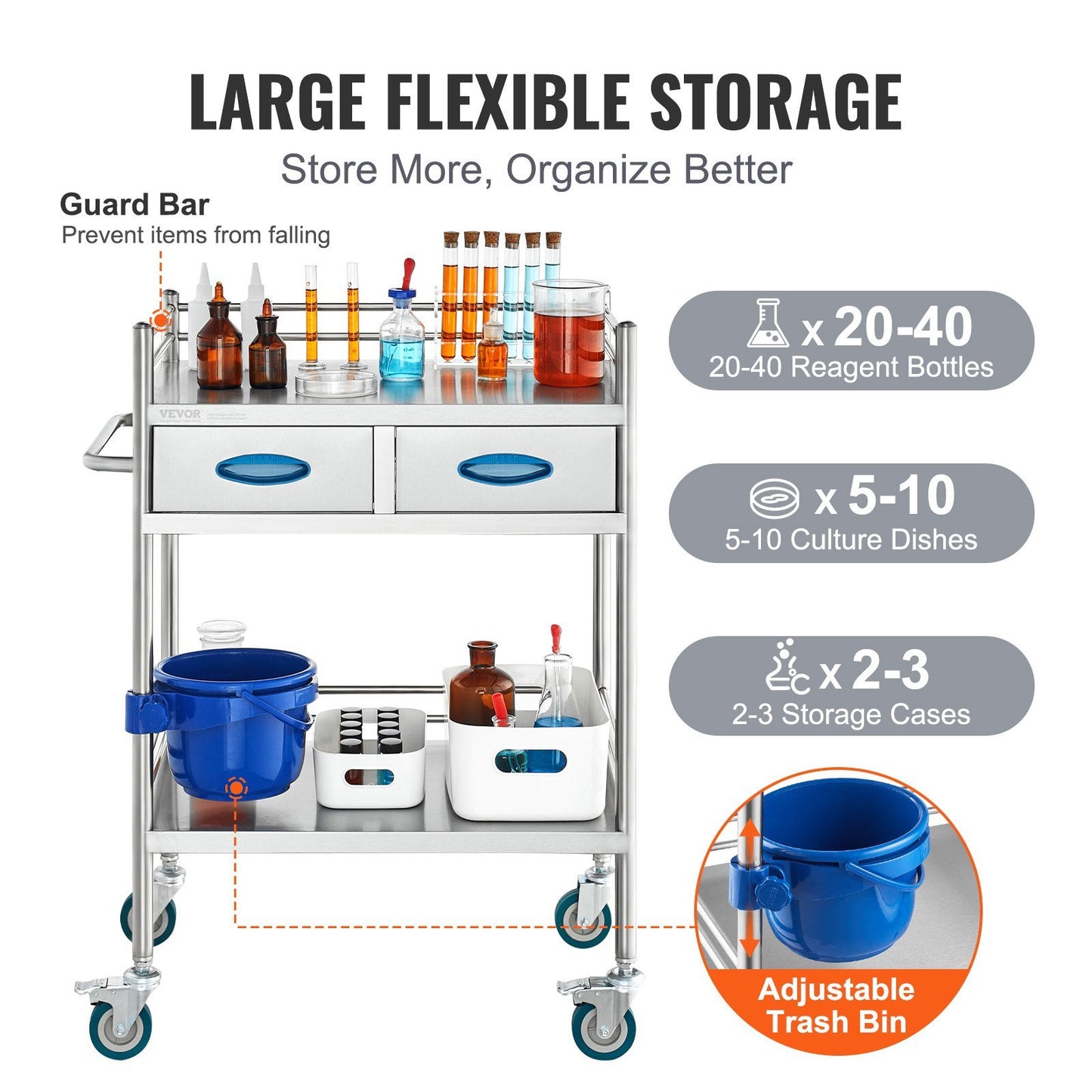 VEVOR Lab Serving Cart, 2 Layers Stainless Steel Utility Rolling Cart, Medical Cart with Two Drawers, Dental Utility Cart with Lockable Wheels and A Bucket, for Laboratory, Hospital, Dental Use