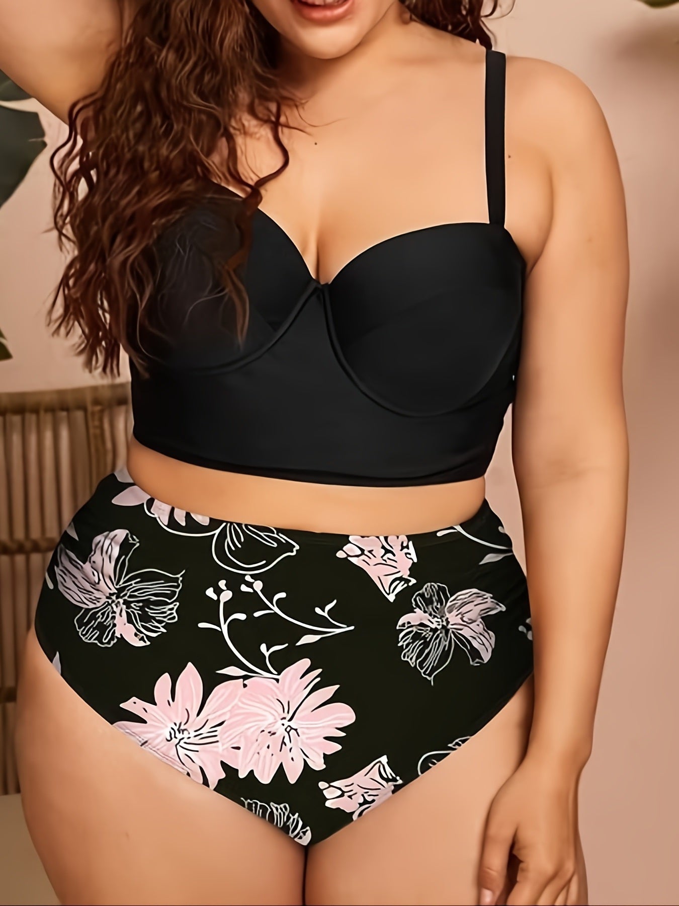 Plus Size Solid Cami Top & Sunflower Print Pants Swimsuit Set; Women's Plus High Stretch 2pcs Swimsuit Set