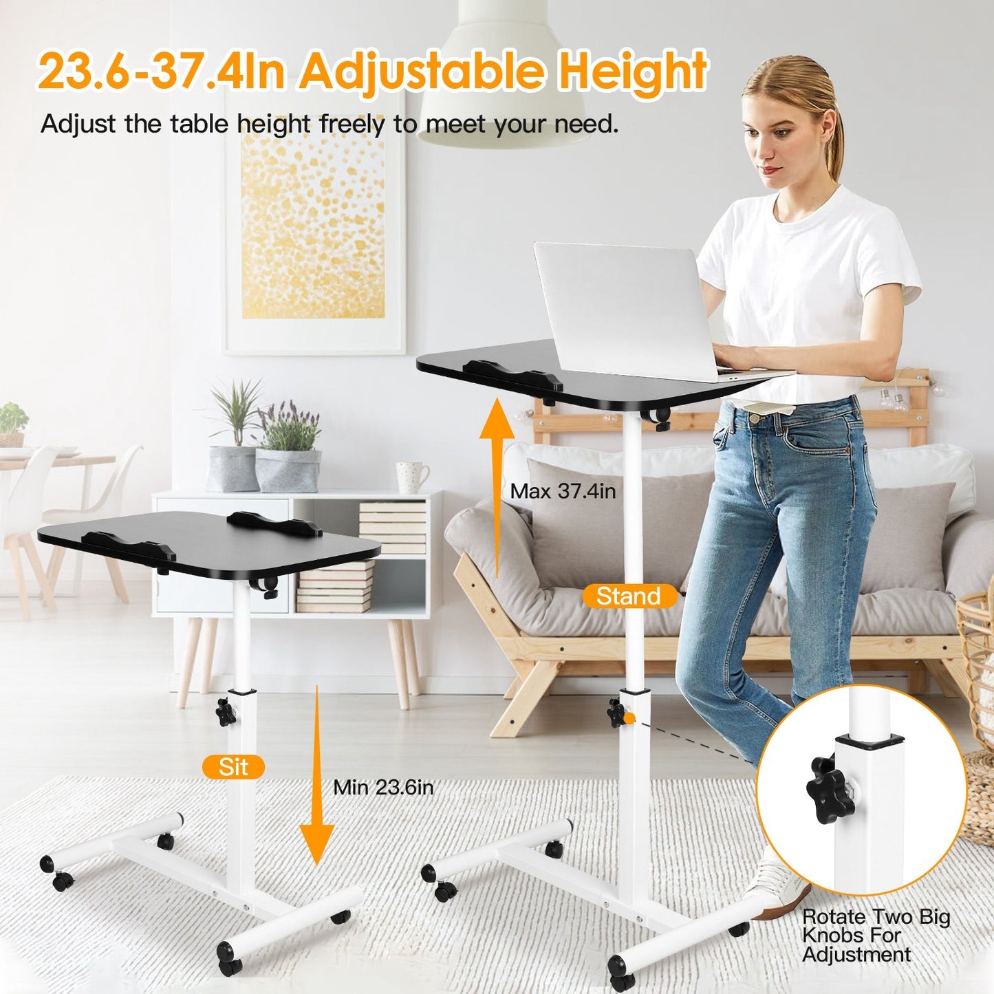 Rolling Laptop Table Portable Computer Desk Movable Table with Adjustable Height Tilting Angle