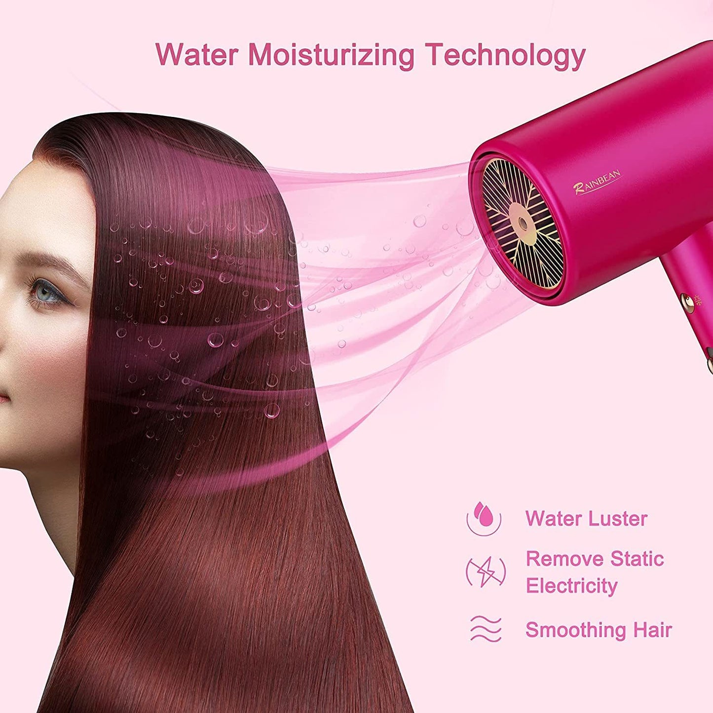 Water Ionic Hair Dryer, 1800W Blow Dryer with Magnetic Nozzle, 2 Speed and 3 Heat Settings, Powerful Low Noise Fast Drying Travel Hair Dryer for Home, Travel and Salon, Pink