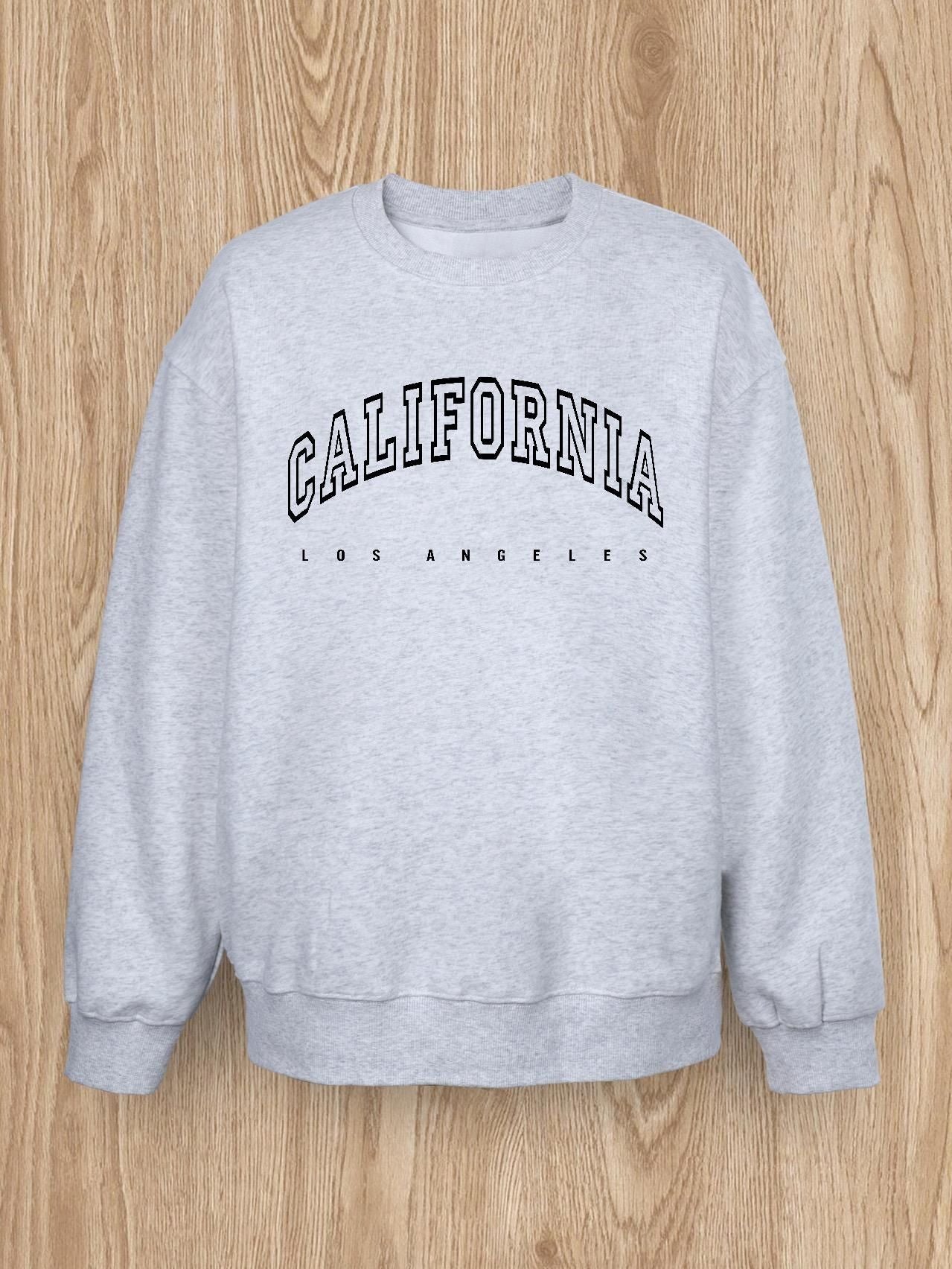 Women Basic Casual Pullover Spring Autumn Long Sleeve California Letters Printed Round Neck White