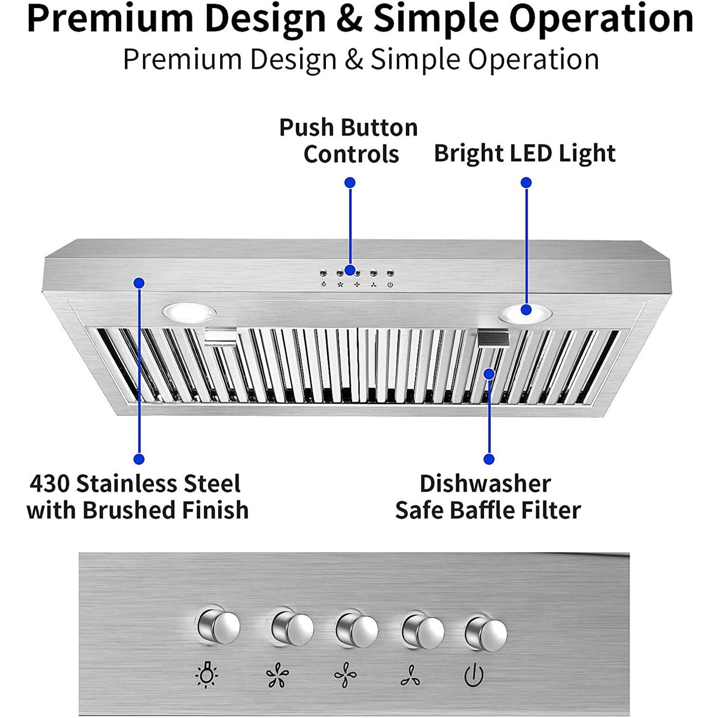 30 inch Kitchen Under Cabinet Range Hood 3-Speed 600CFM Vent w/LEDs Silver/Black